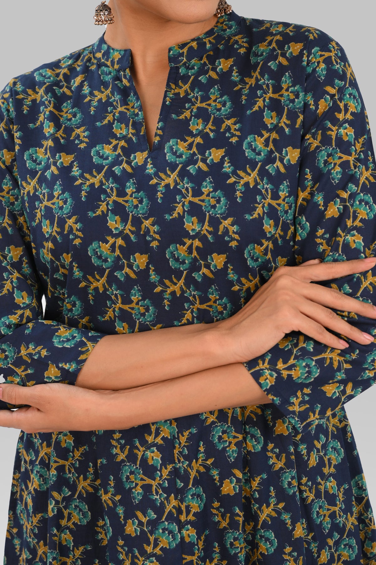 Navy Blue Cotton Printed Kurta Set