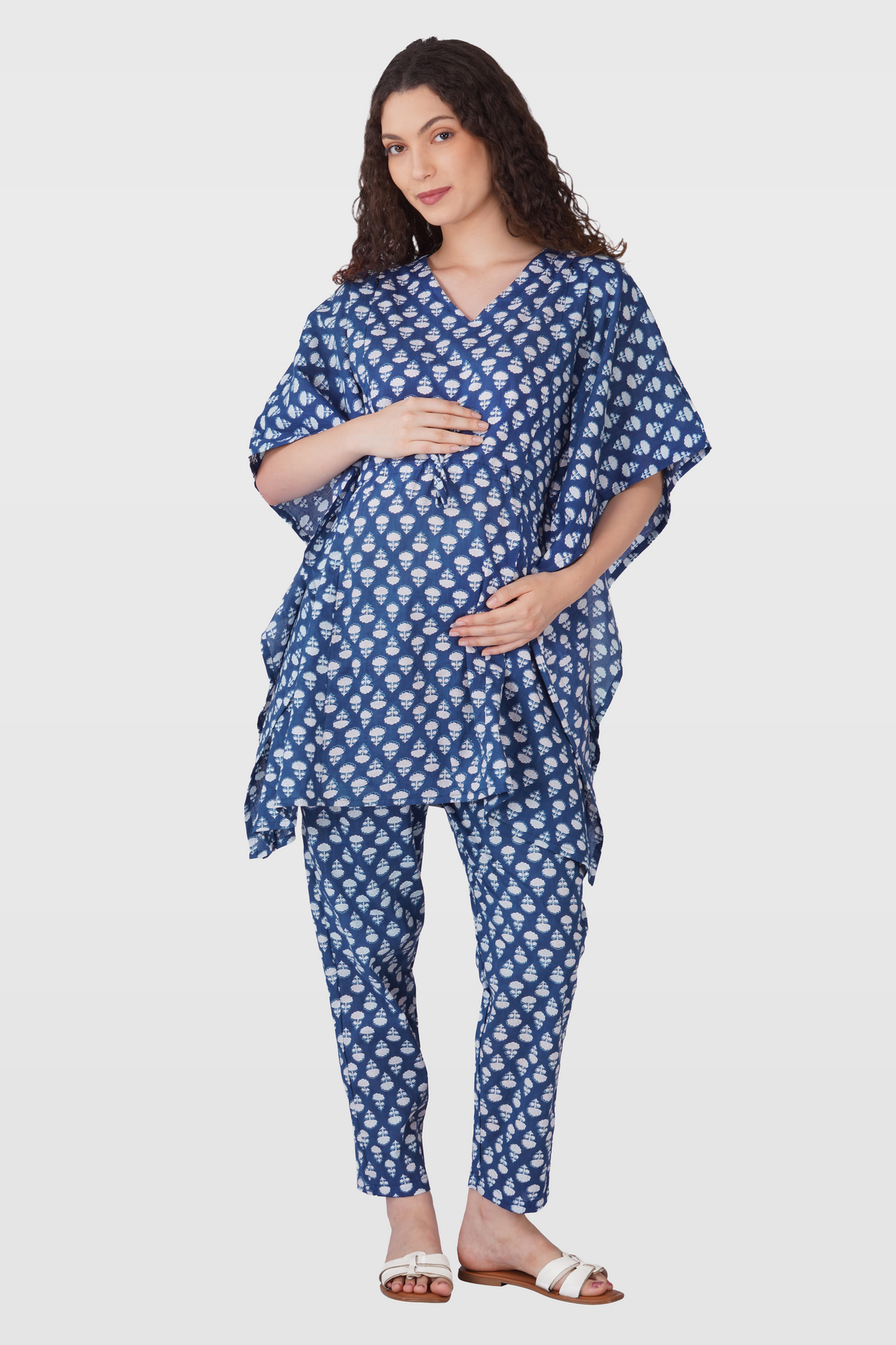 Navy Blue Cotton Printed Maternity and Feeding Kaftan Set