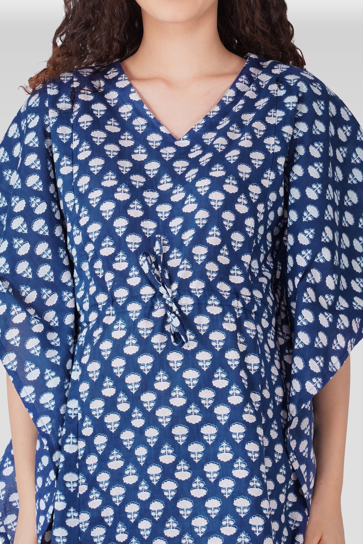 Navy Blue Cotton Printed Maternity and Feeding Kaftan Set