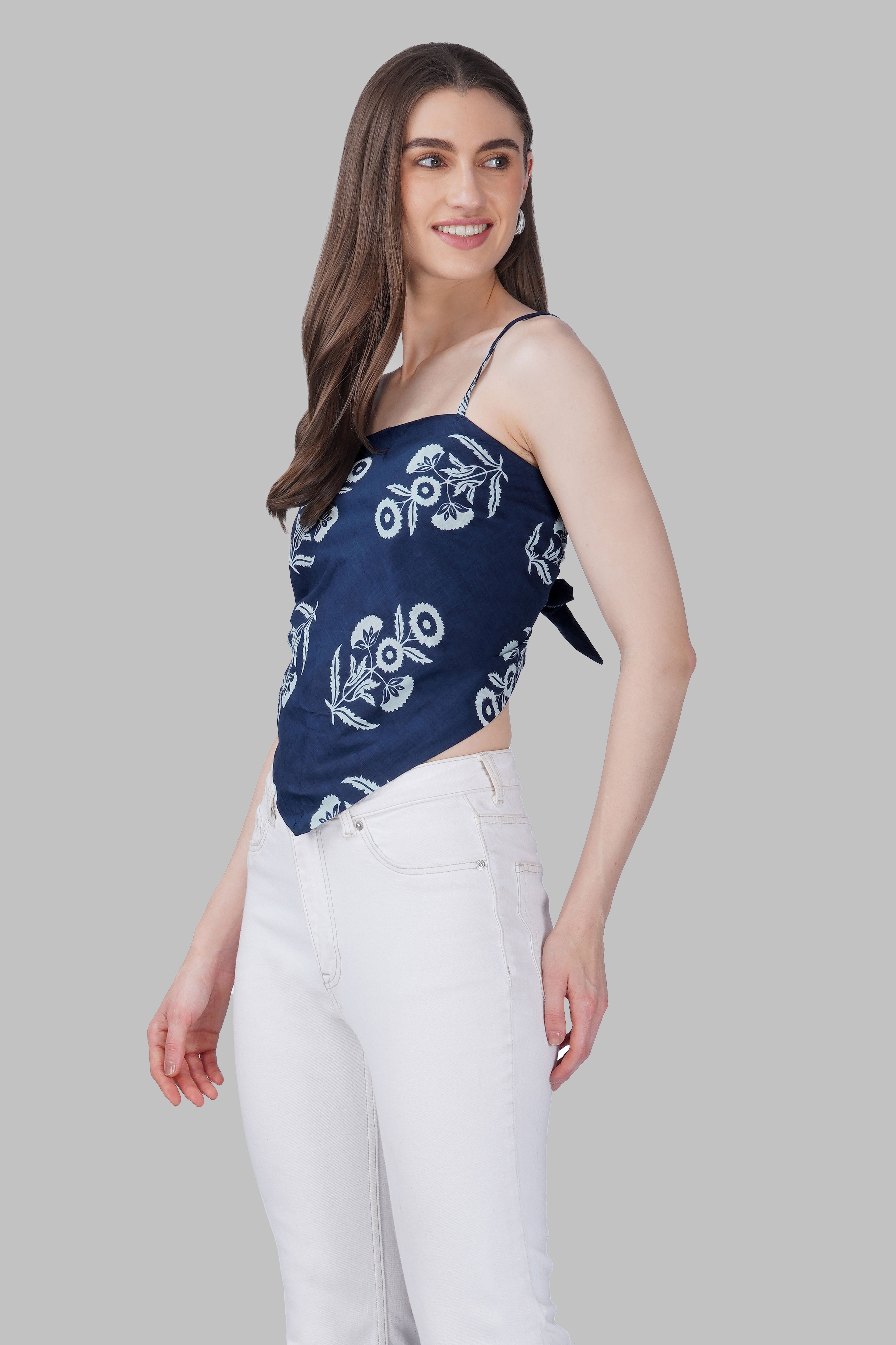 Navy Blue Cotton Printed Scarf Top