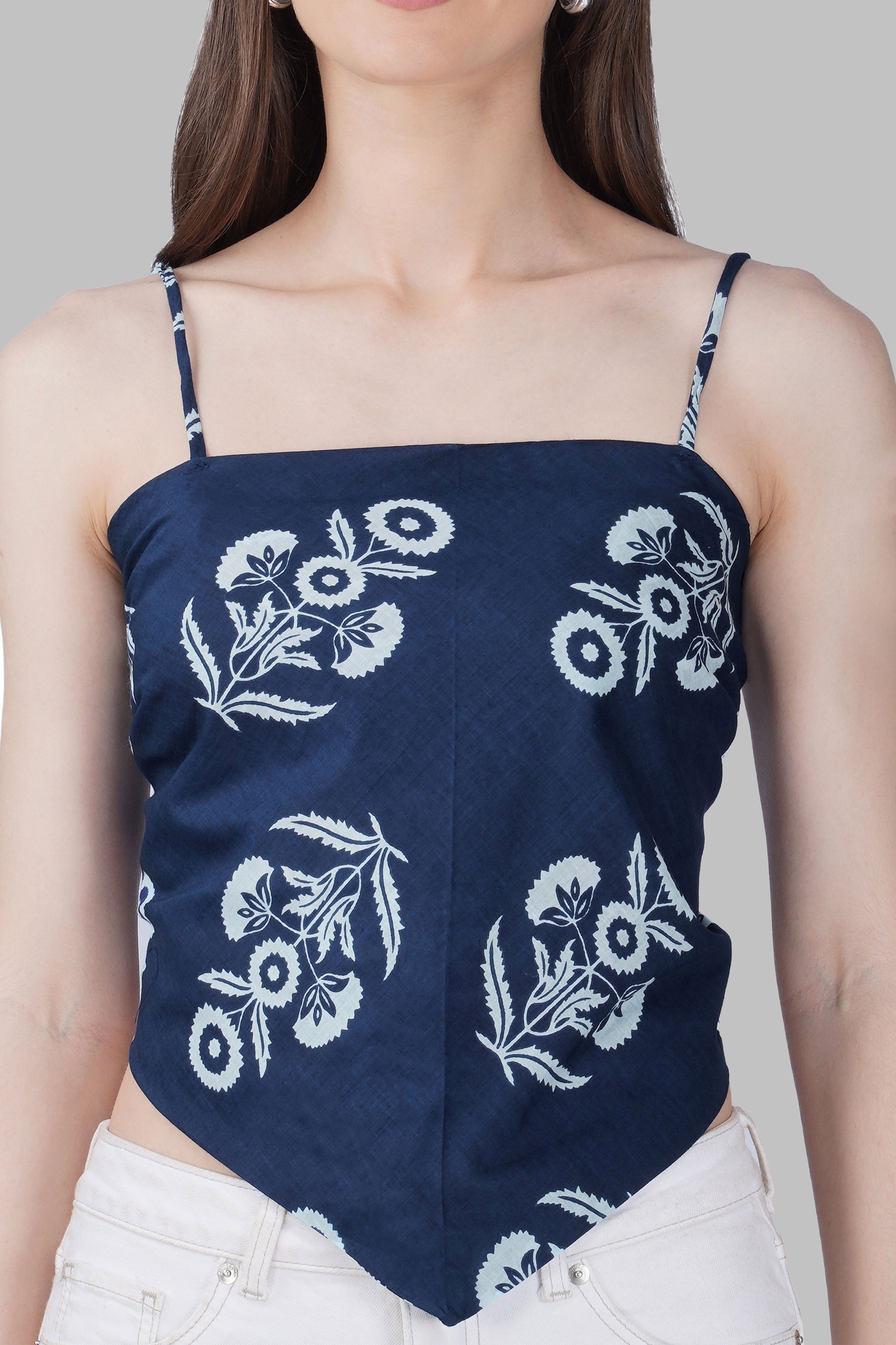 Navy Blue Cotton Printed Scarf Top
