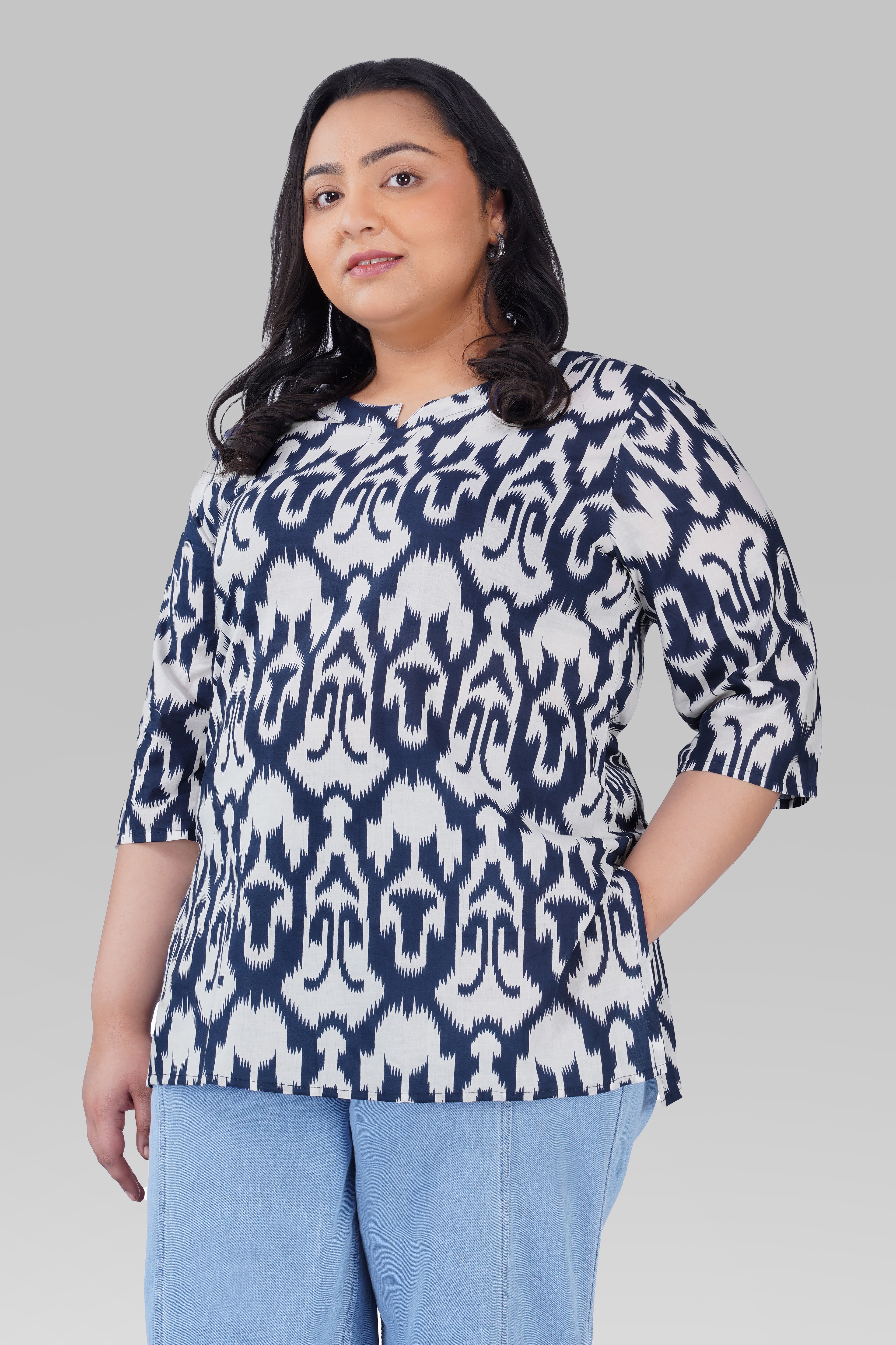 Navy Blue Plus Size Cotton Printed Kurti