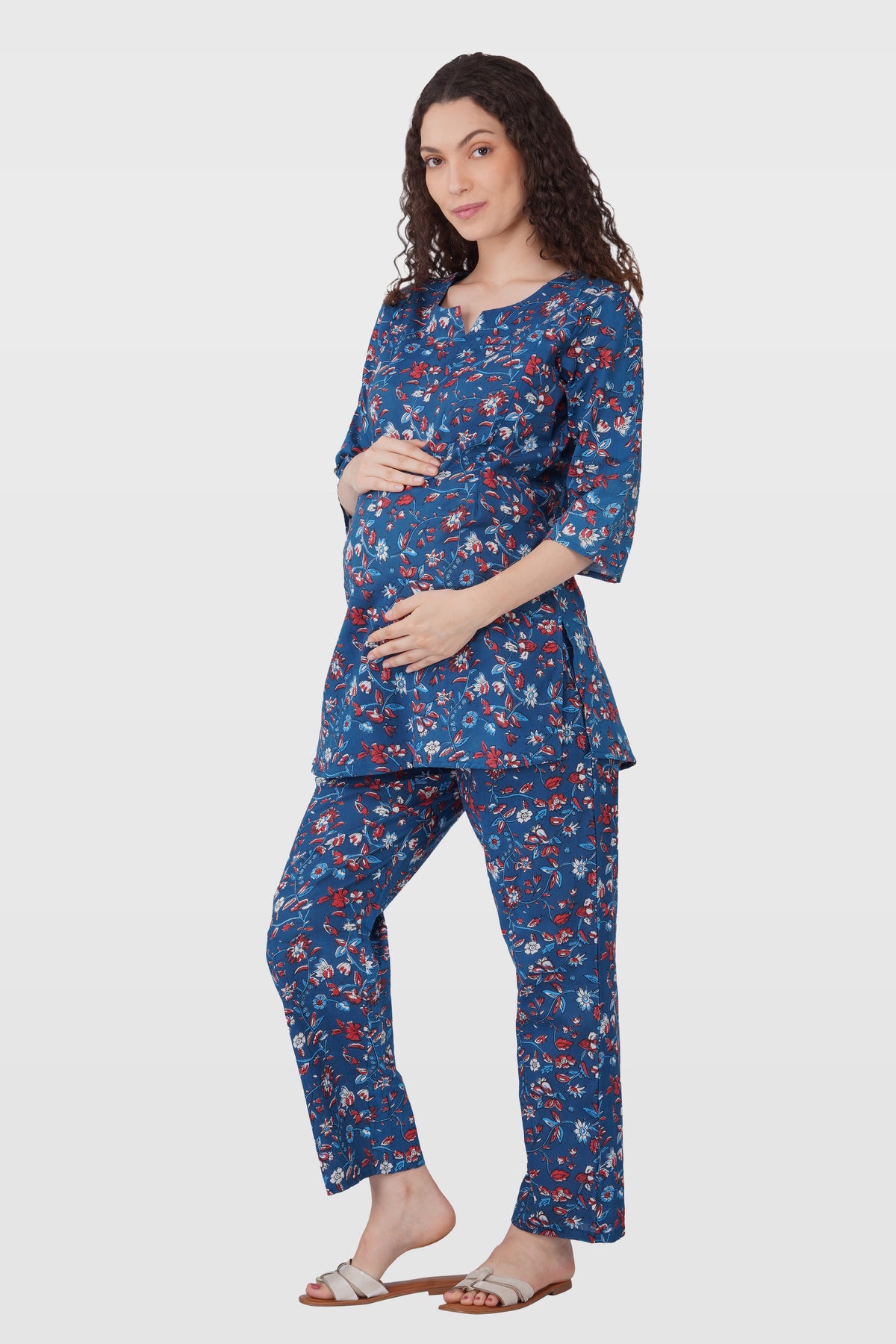 Navy Floral Cotton Printed Maternity and Feeding Pyjama Set