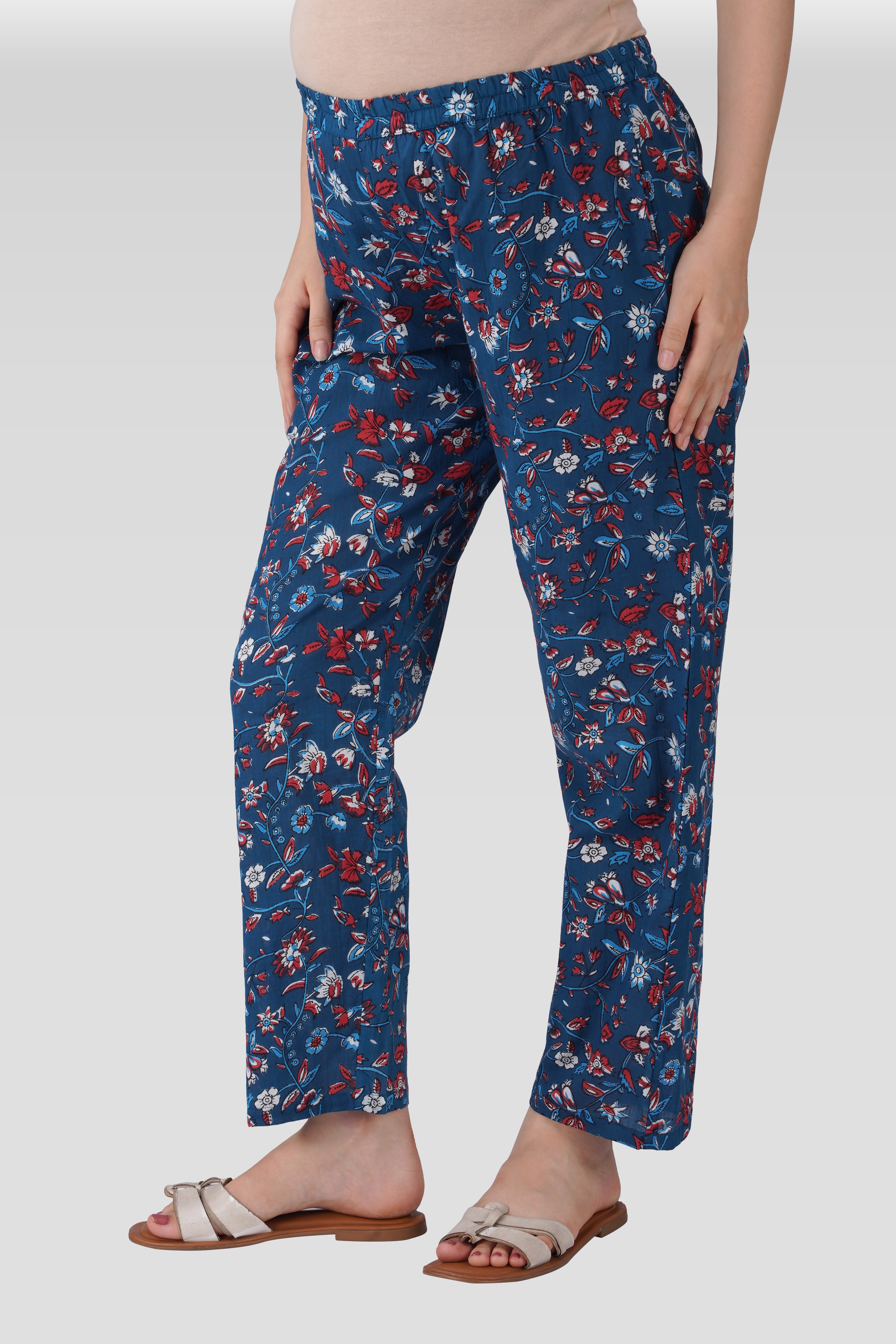 Navy Floral Cotton Printed Maternity and Feeding Pyjama Set