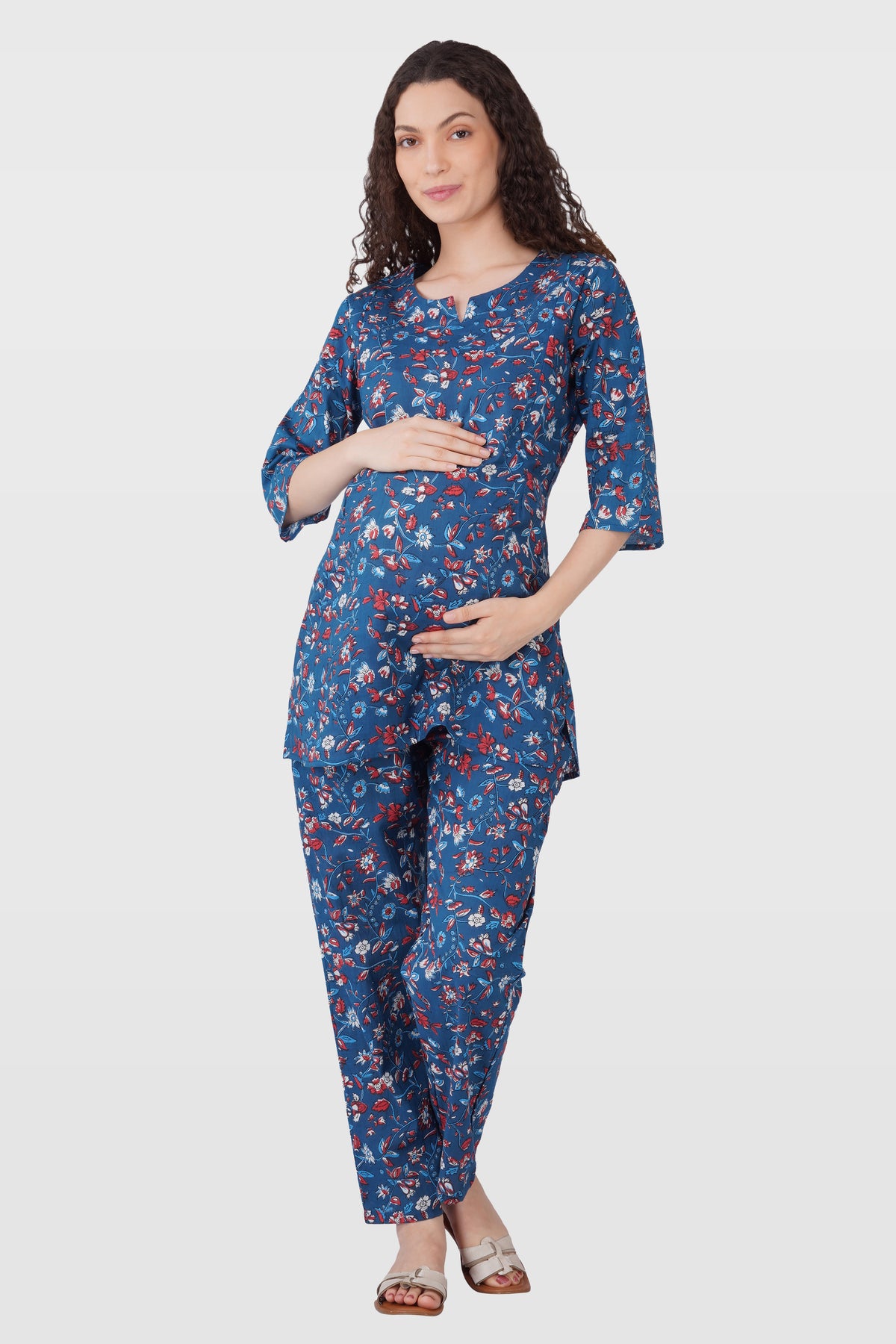 Navy Floral Cotton Printed Maternity and Feeding Pyjama Set