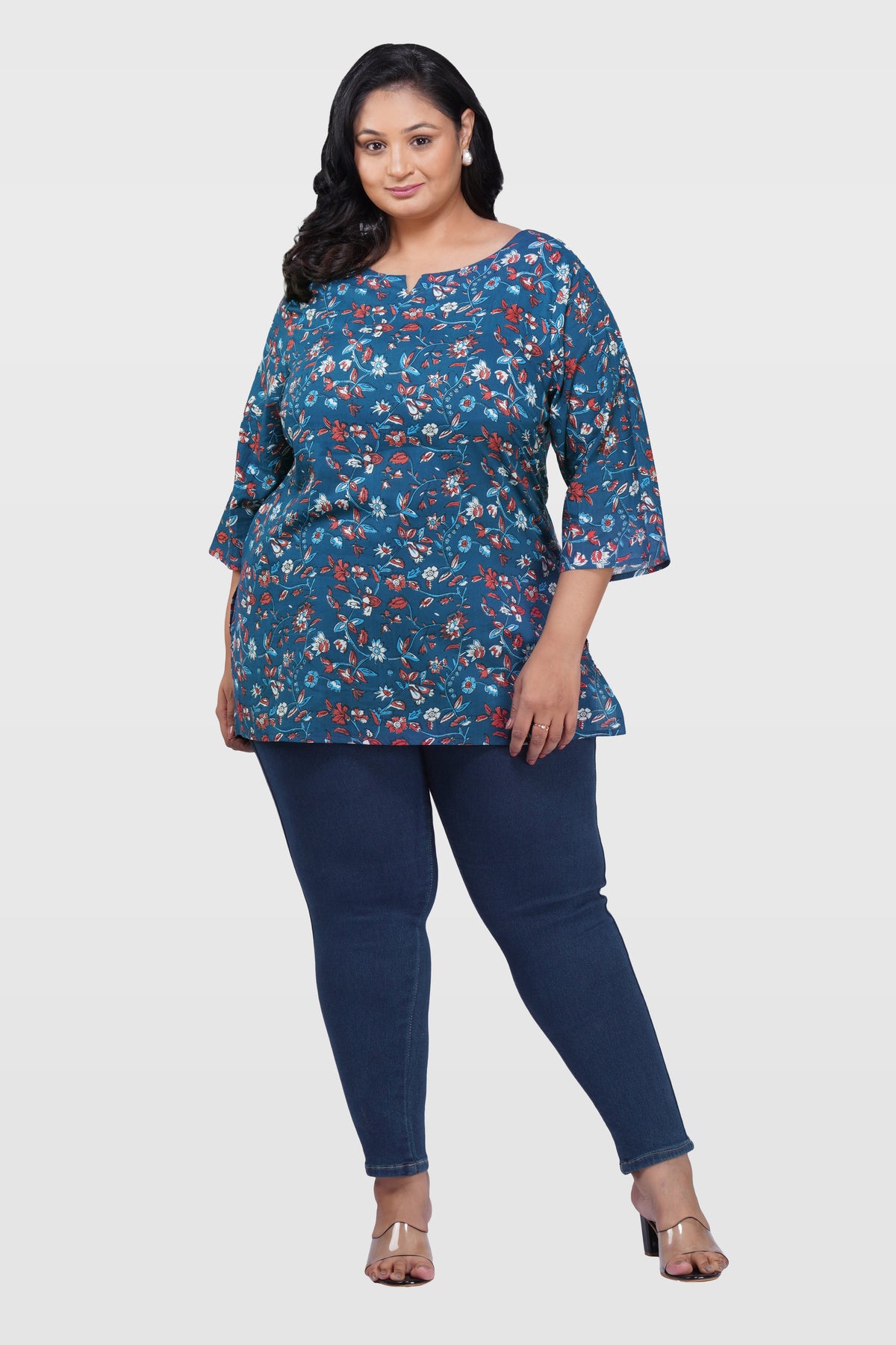 Navy Plus Size Cotton Printed Kurti