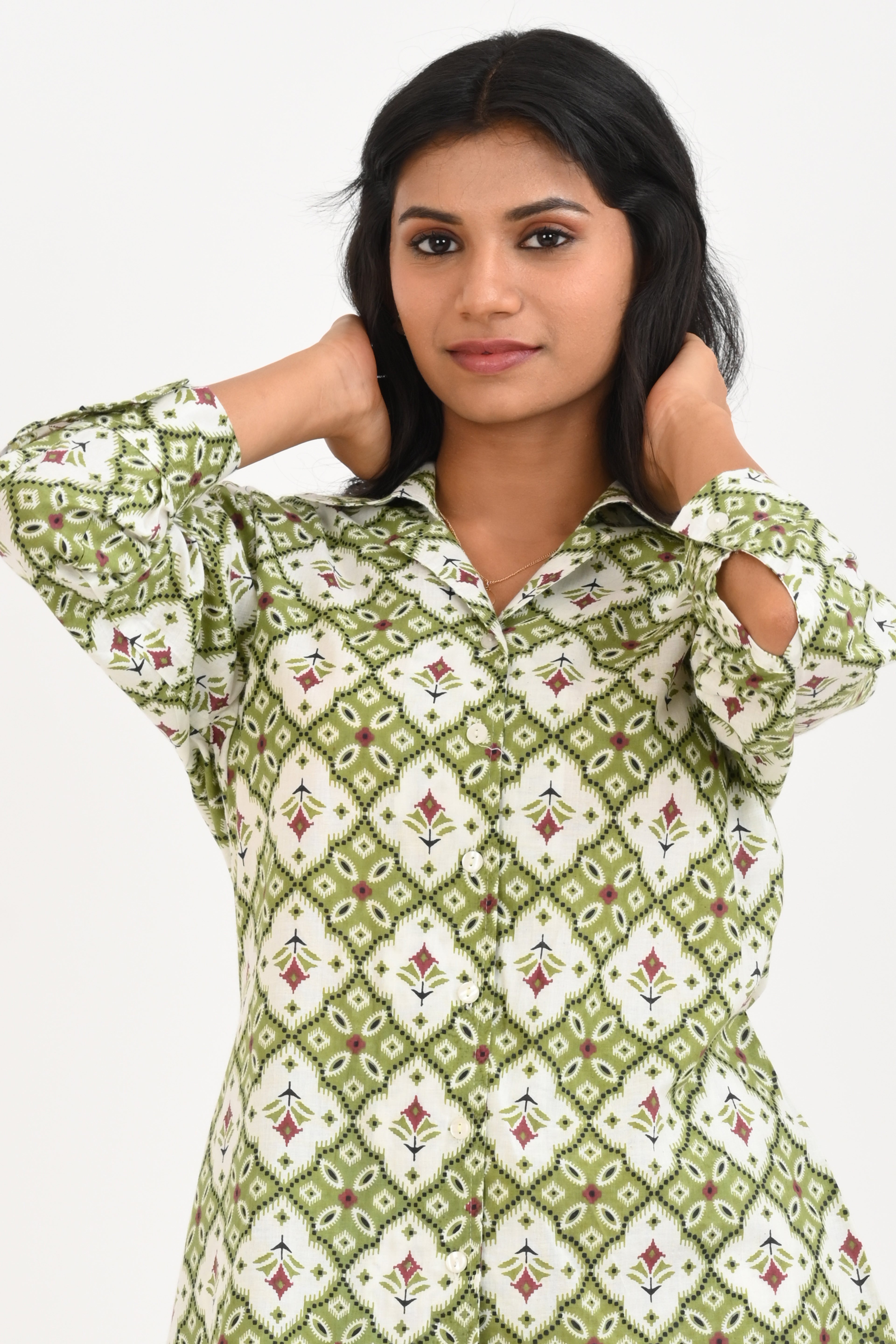 Olive Green Cotton Printed Pyjama Set Cuban Collar