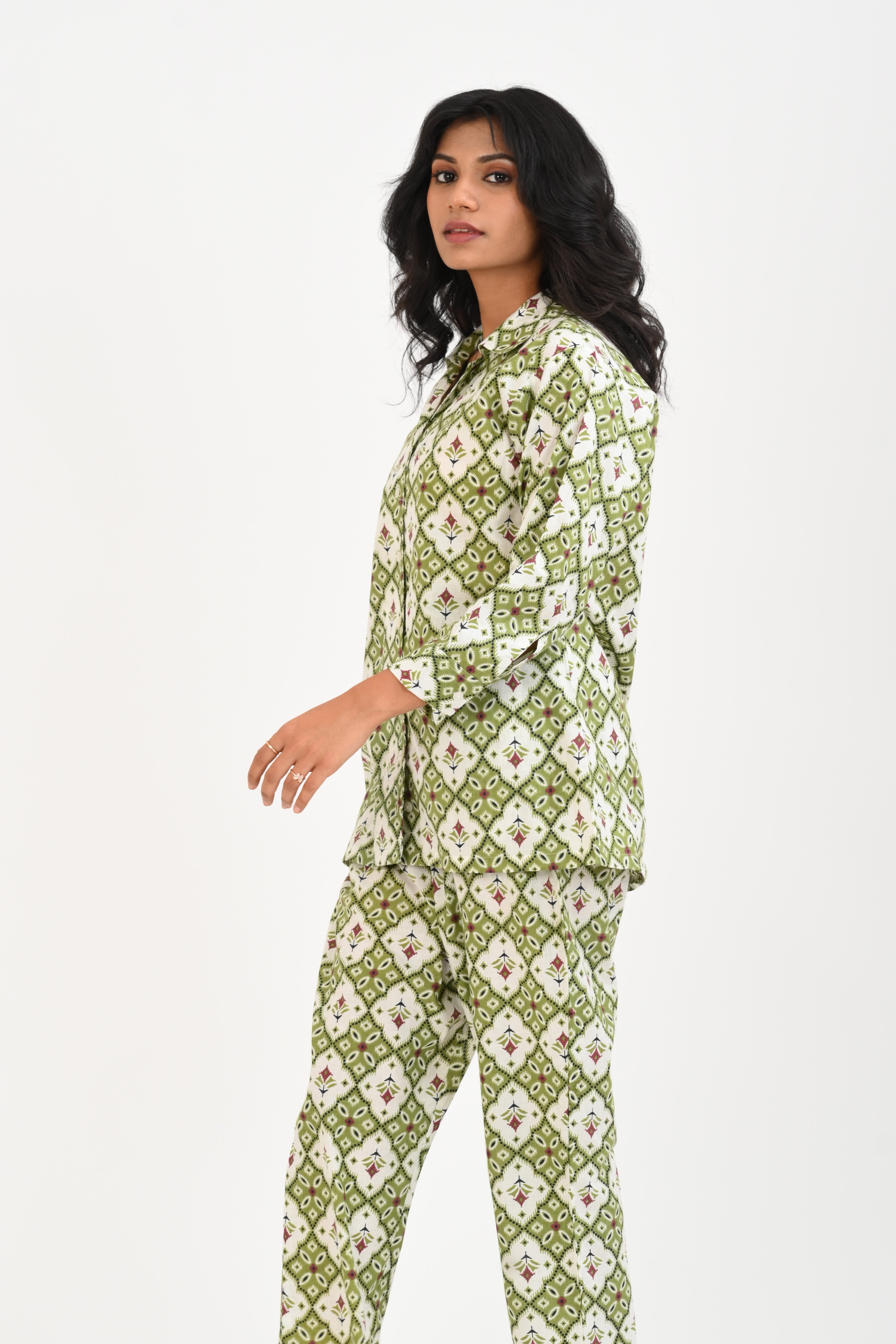 Olive Green Cotton Printed Pyjama Set Cuban Collar