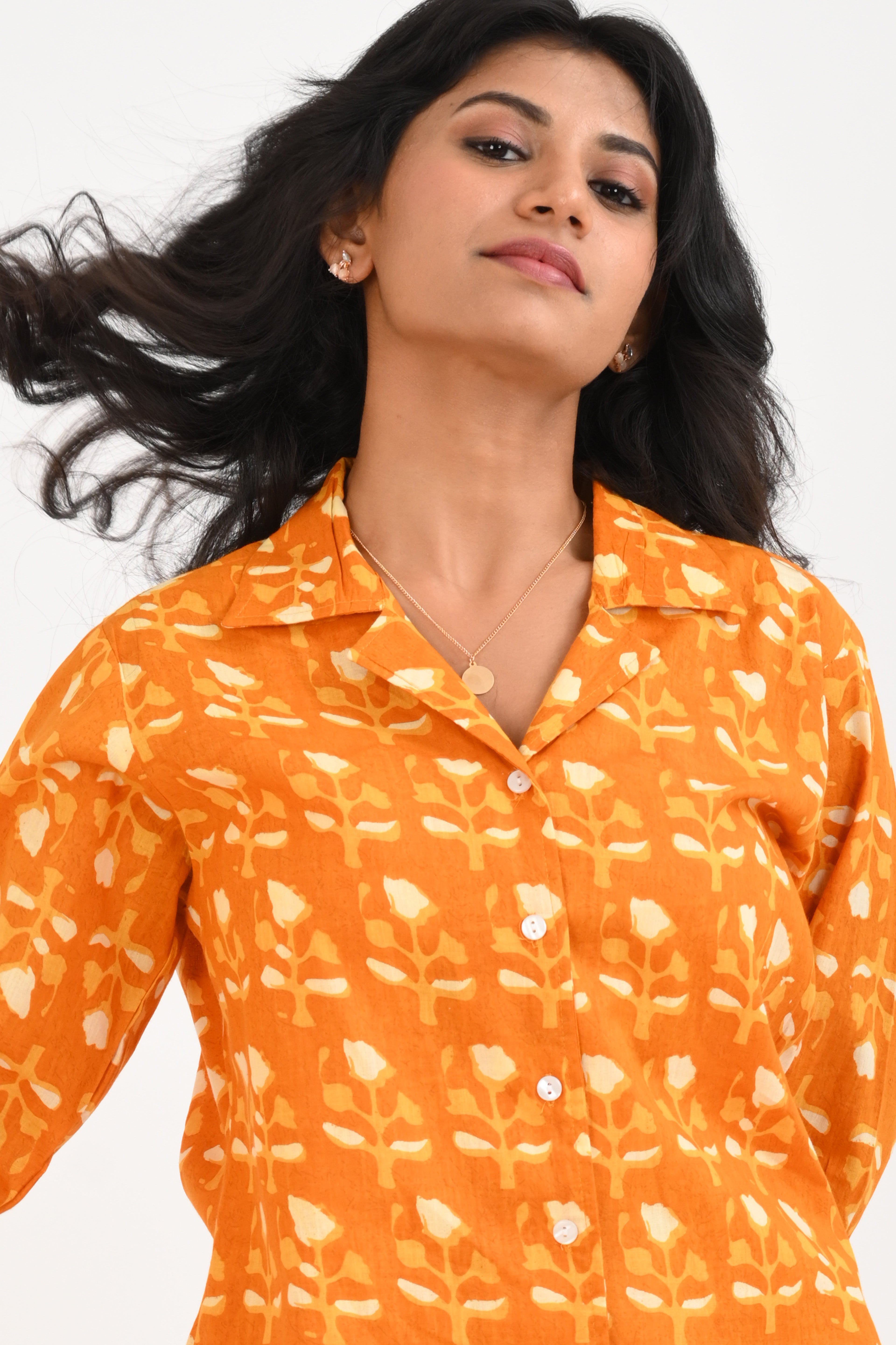 Pumpkin Orange Cotton Printed Pyjama Set Cuban Collar