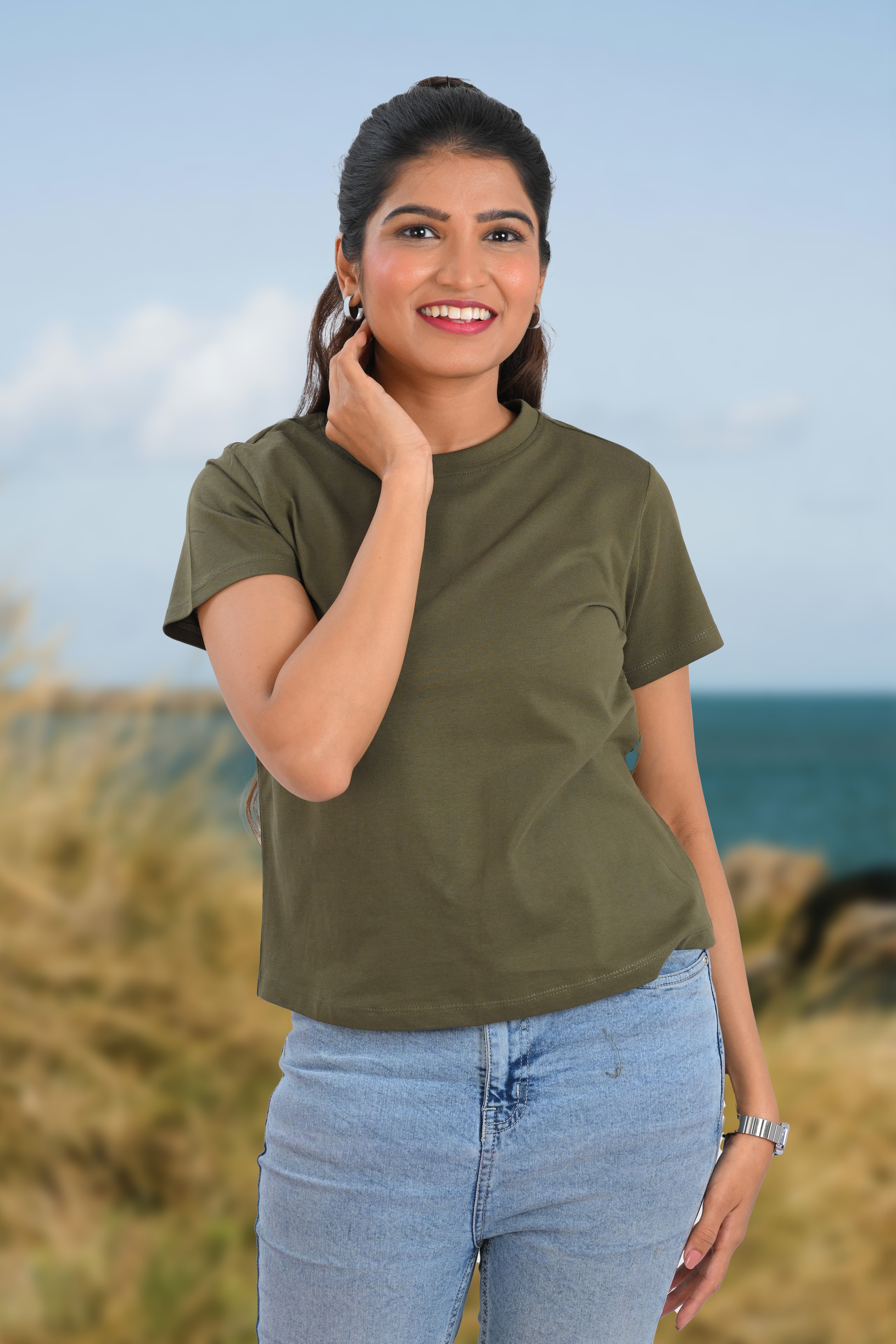 Olive Cotton Crew Neck T-Shirt