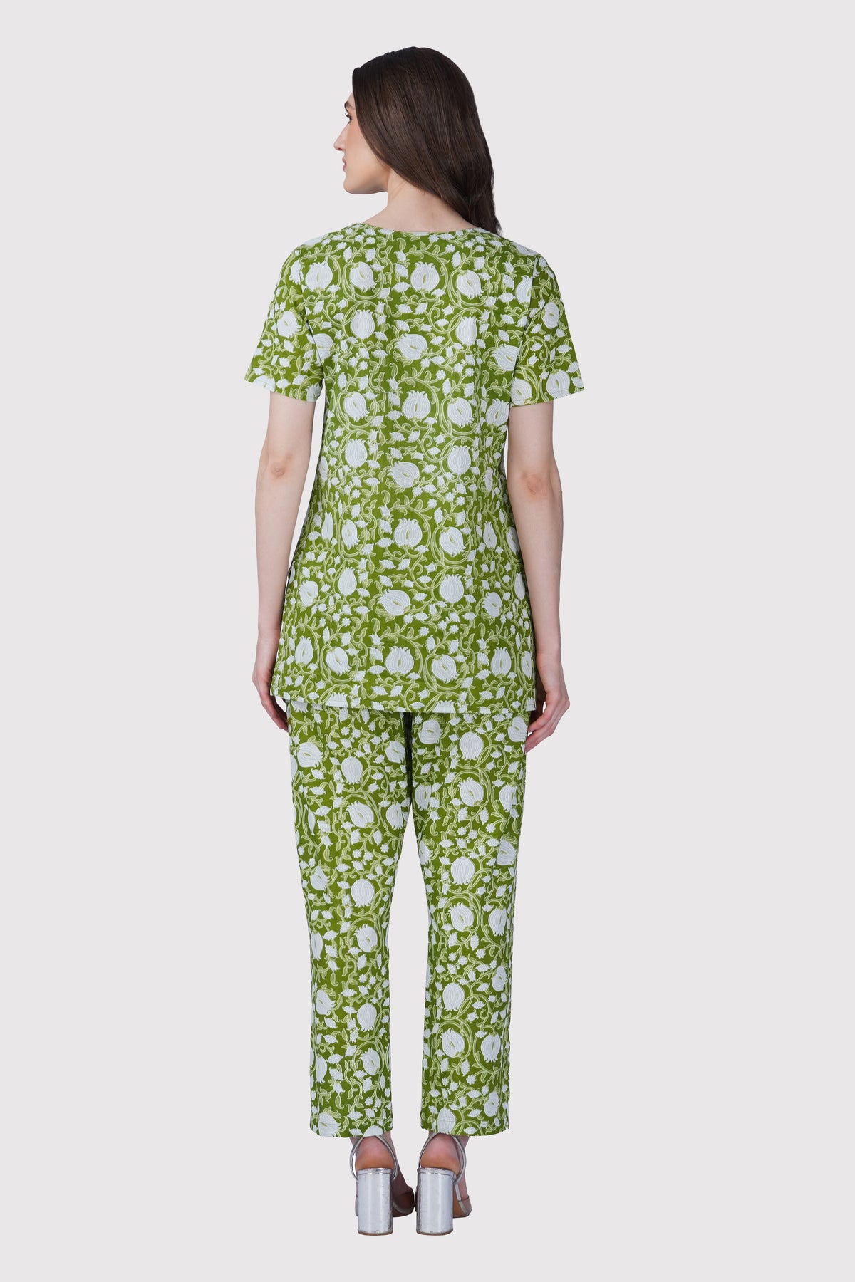 Olive Green V Neck Cotton Printed Pyjama Set
