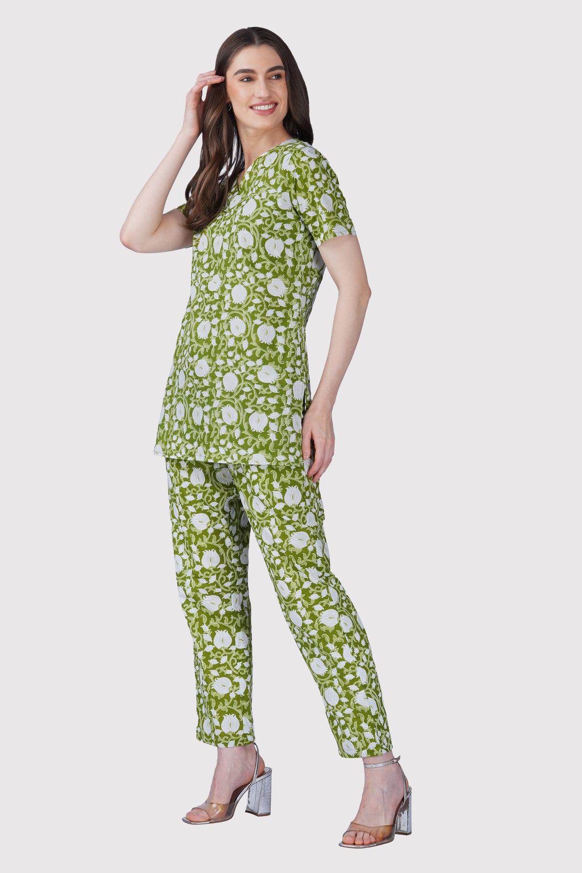Olive Green V Neck Cotton Printed Pyjama Set
