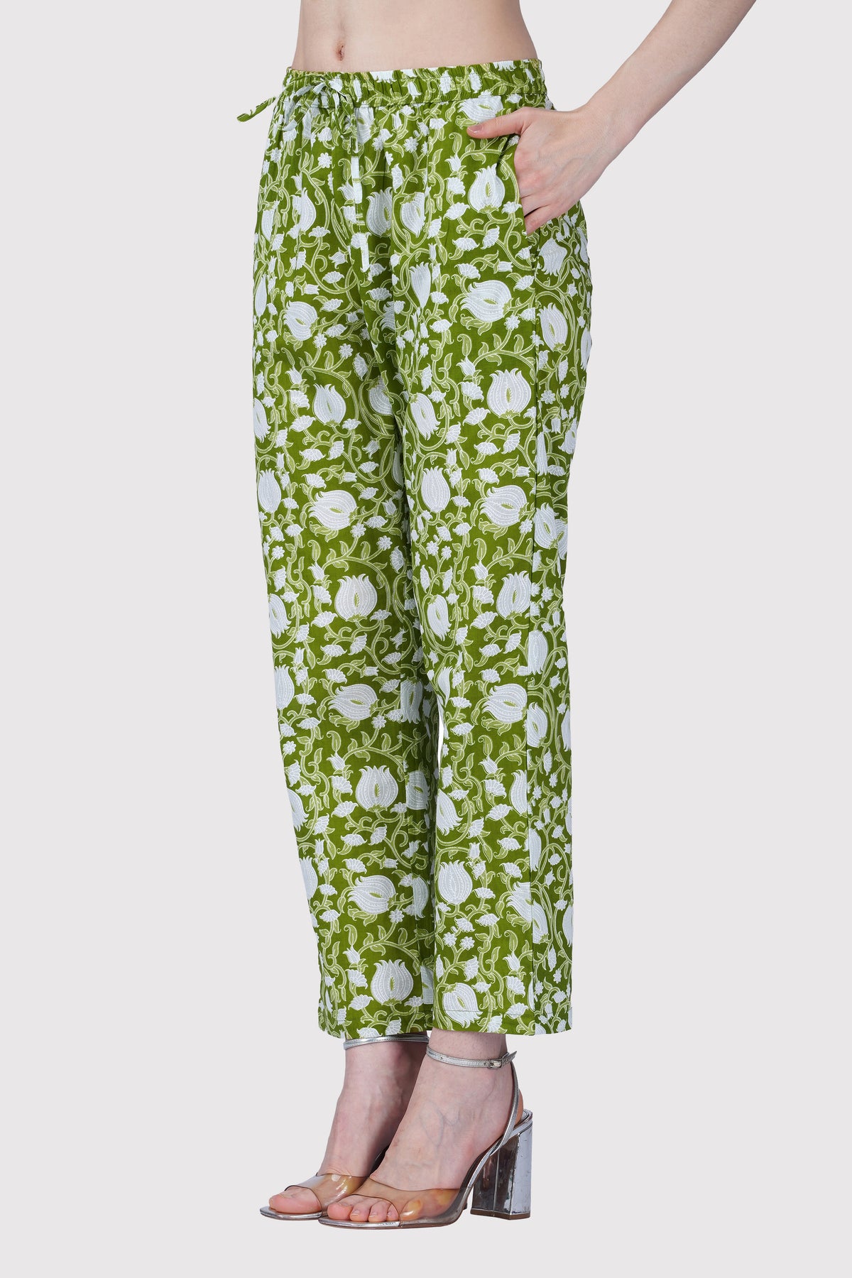 Olive Green V Neck Cotton Printed Pyjama Set