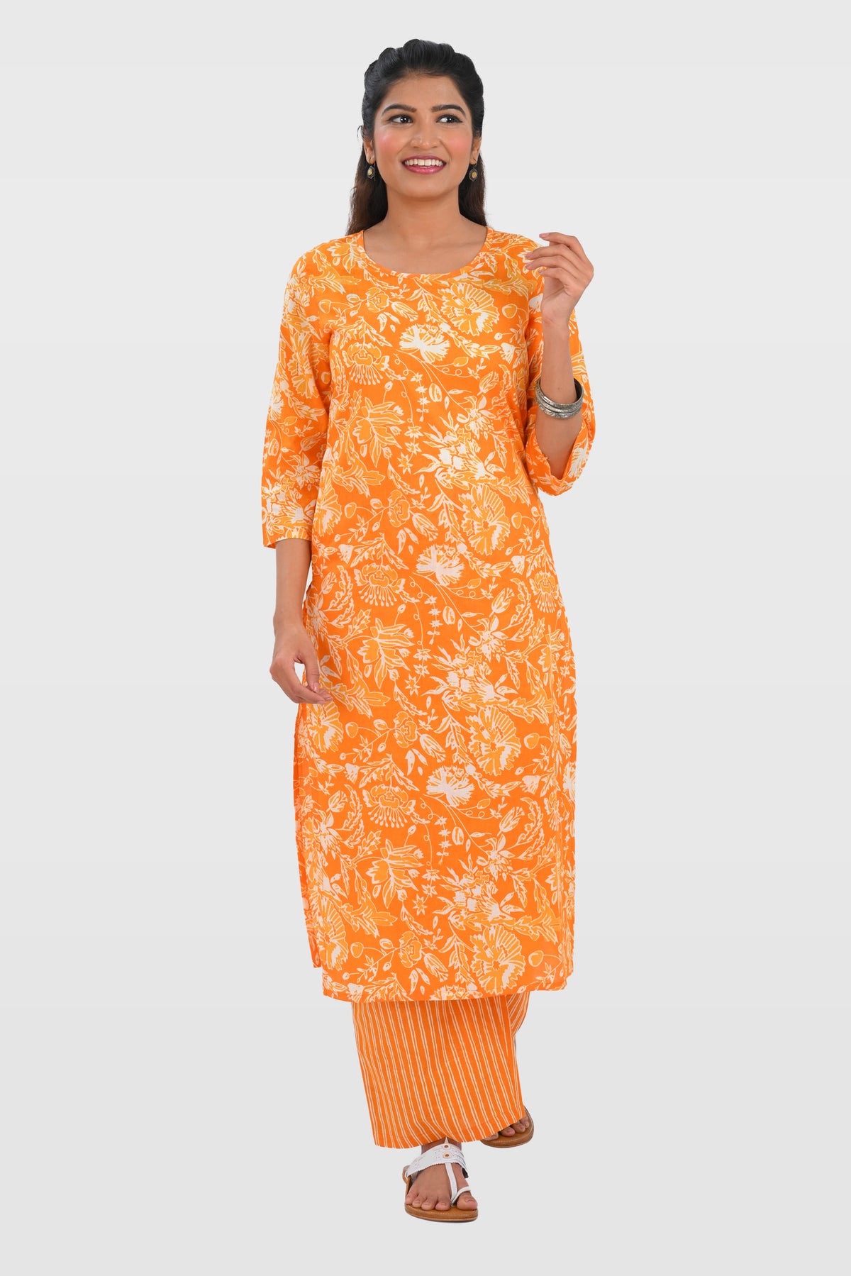 Orange Cotton Printed Kurta Set