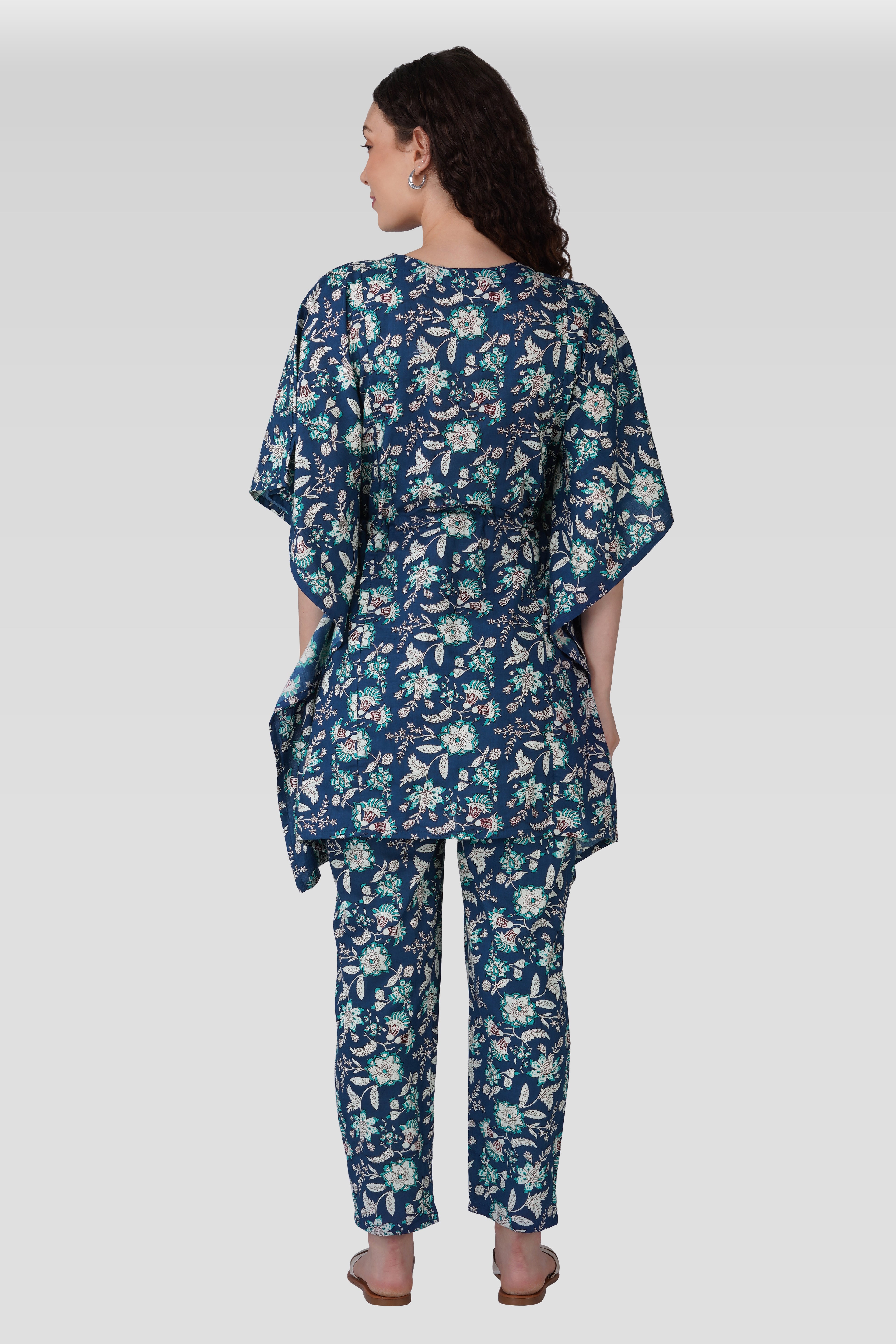 Oxford Blue Cotton Printed Maternity and Feeding Kaftan Set