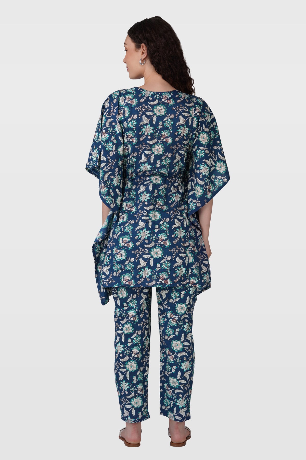 Oxford Blue Cotton Printed Maternity and Feeding Kaftan Set
