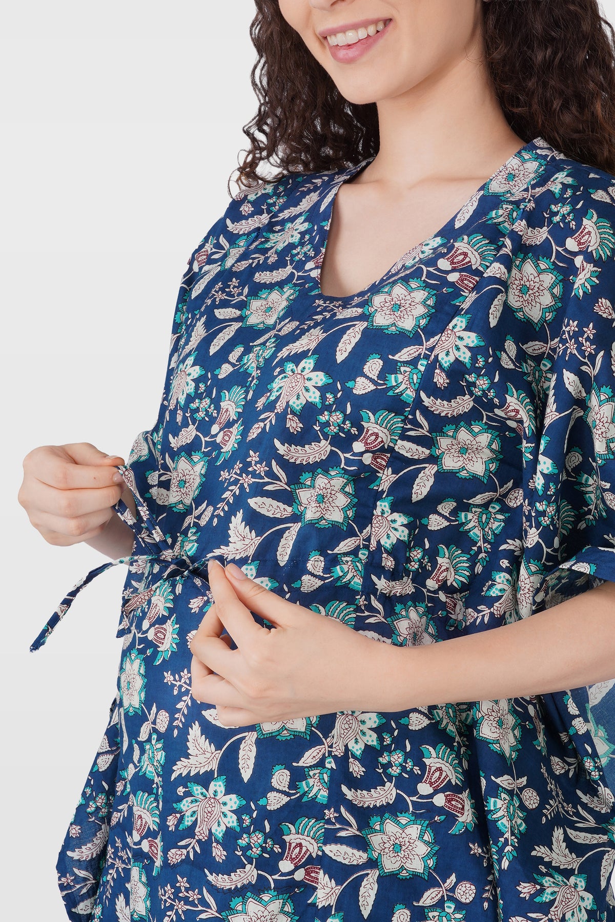Oxford Blue Cotton Printed Maternity and Feeding Kaftan Set
