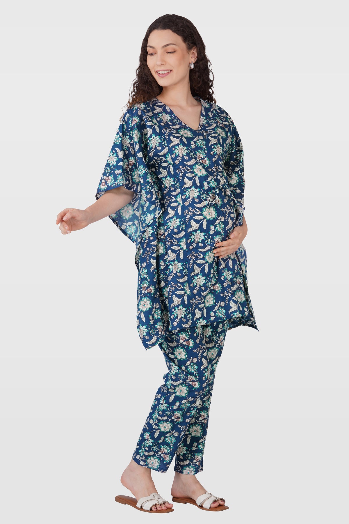 Oxford Blue Cotton Printed Maternity and Feeding Kaftan Set