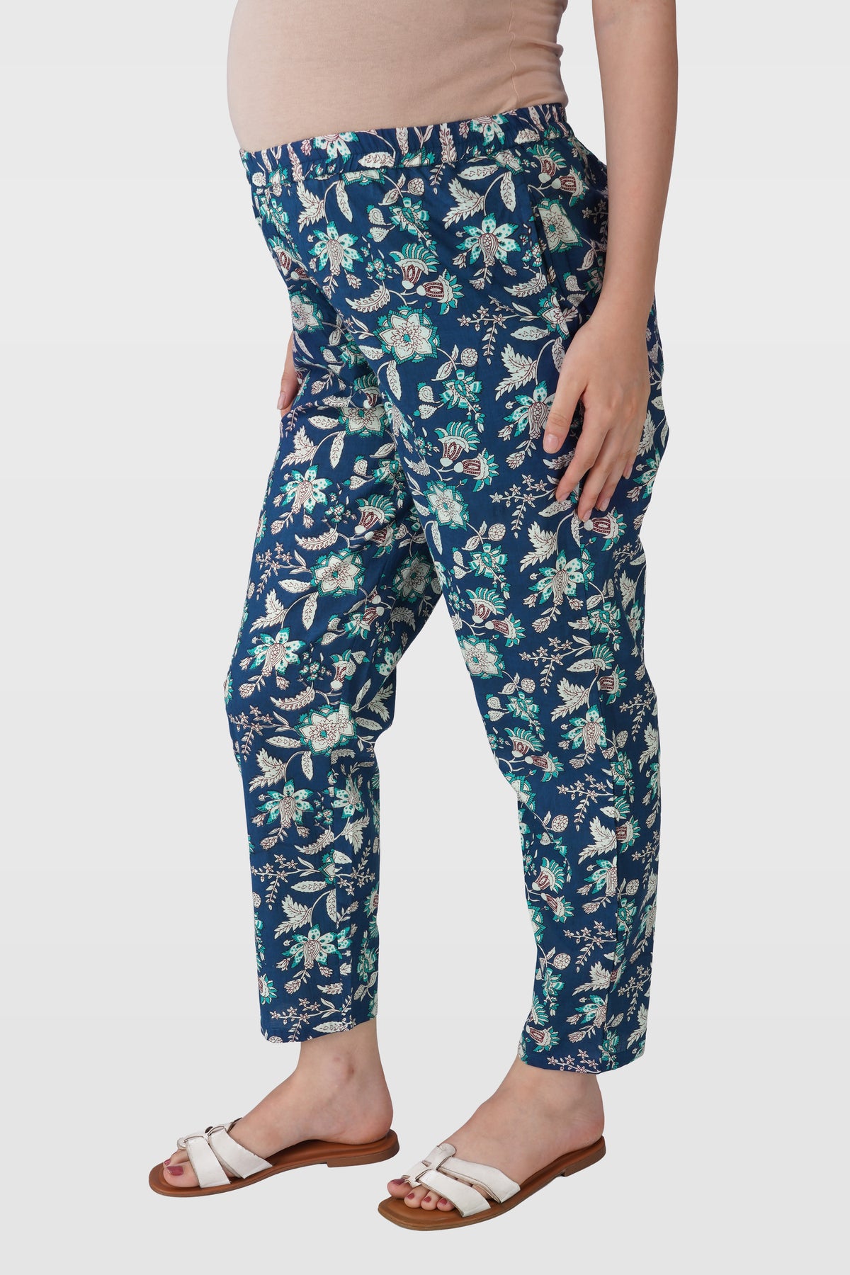 Oxford Blue Cotton Printed Maternity and Feeding Kaftan Set