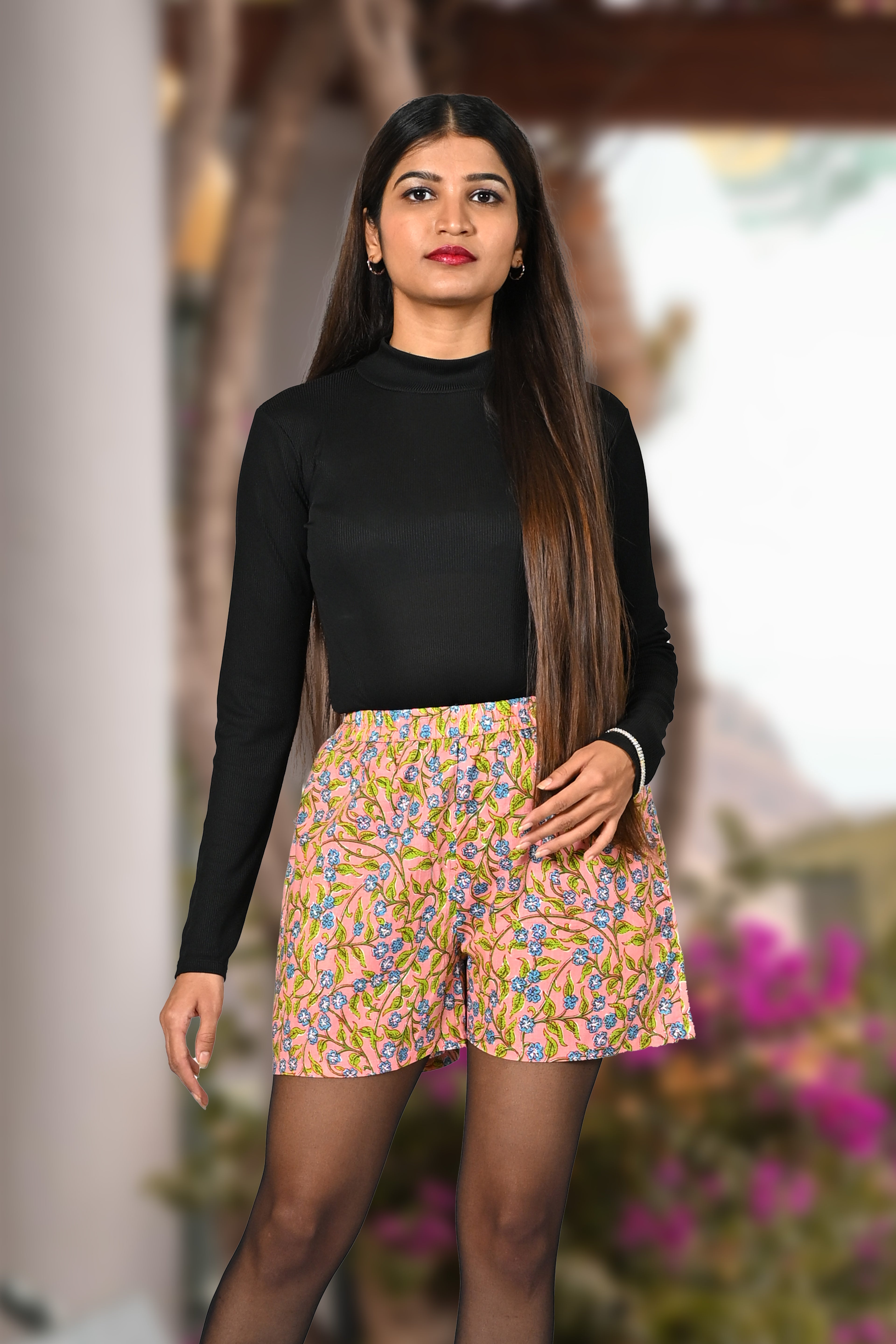 Peach Floral Cotton Printed Shorts