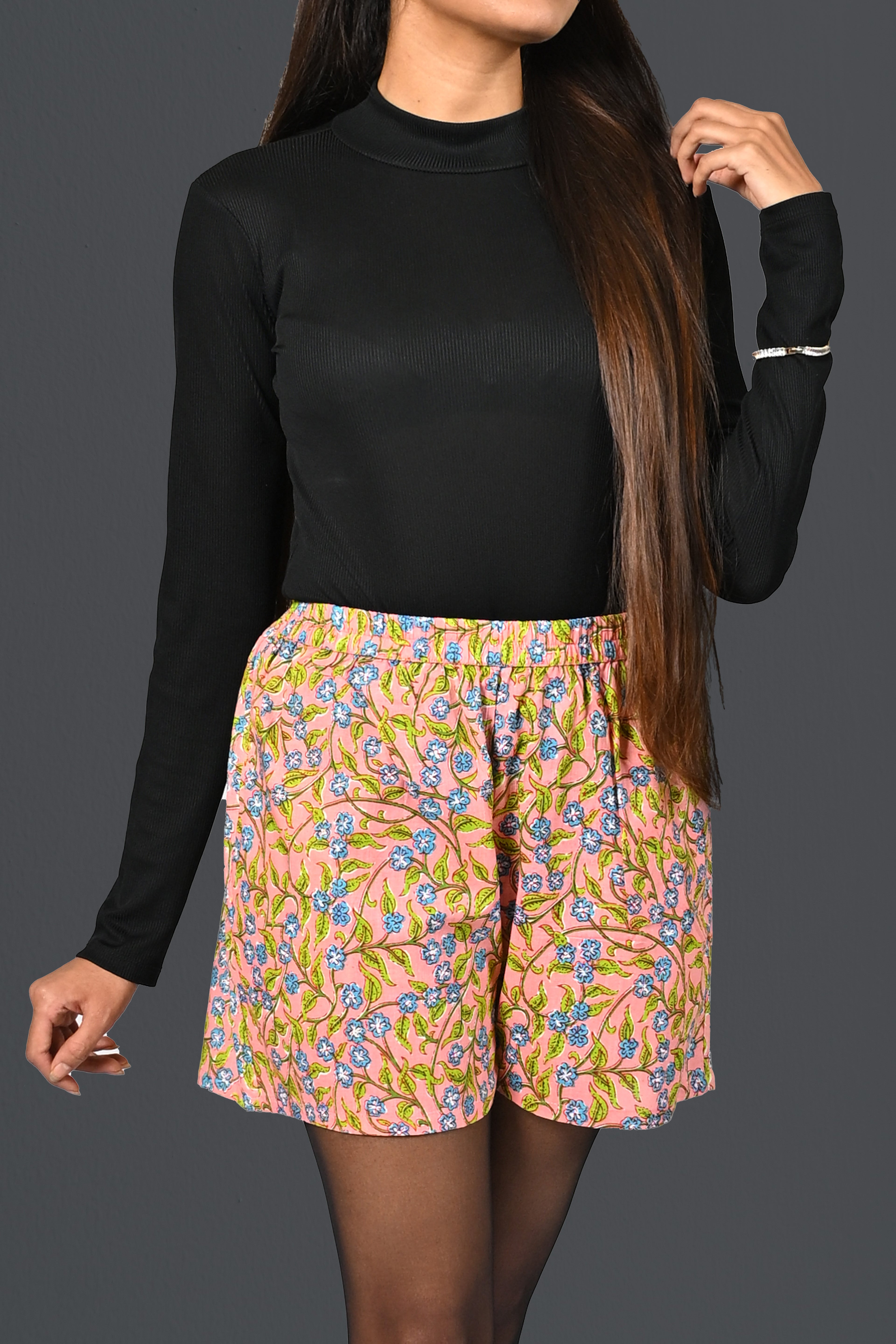 Peach Floral Cotton Printed Shorts