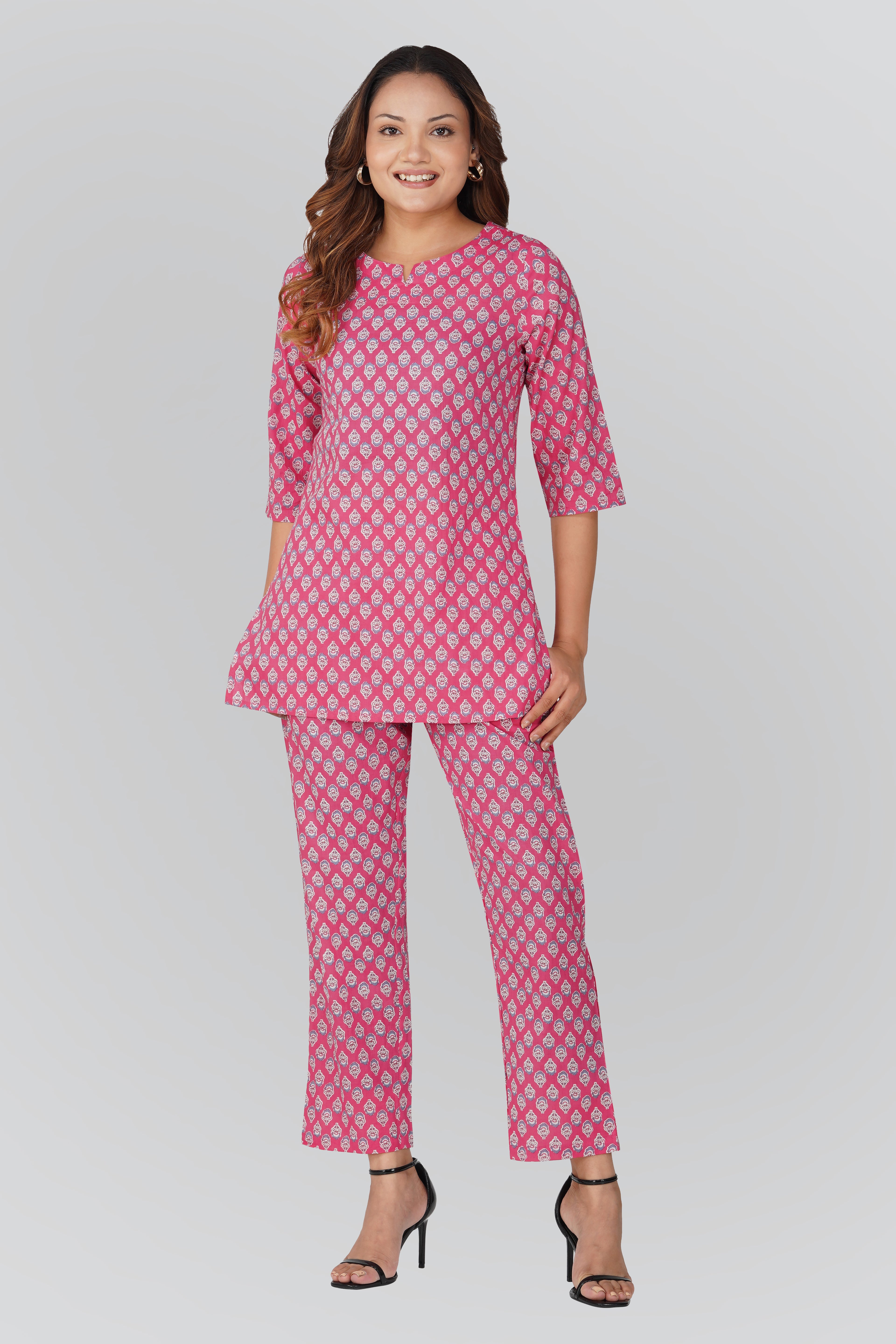 Pink Cotton Printed Pyjama Set