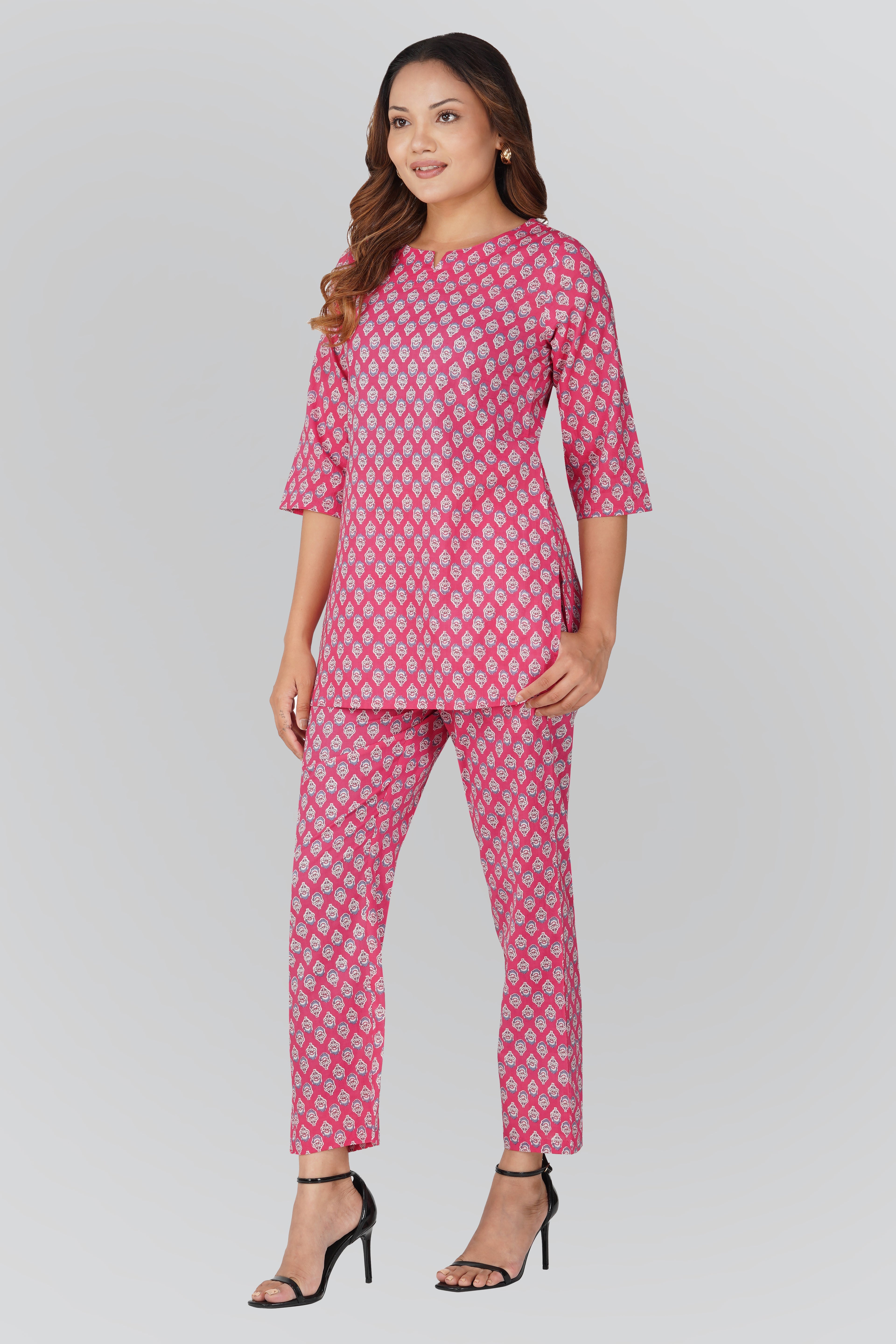 Pink Cotton Printed Pyjama Set