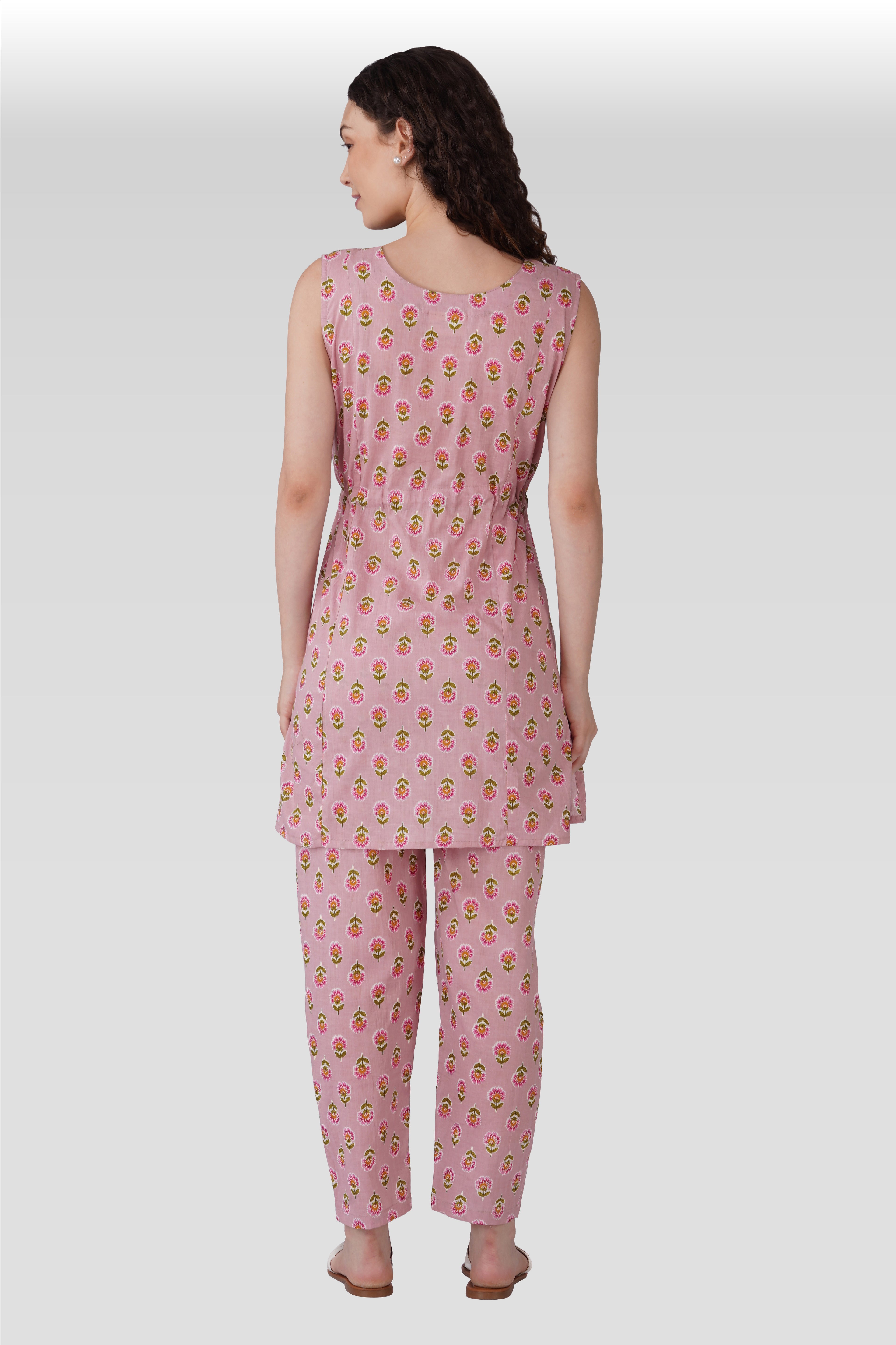 Pale Pink Cotton Printed Maternity and Feeding Kurta Set