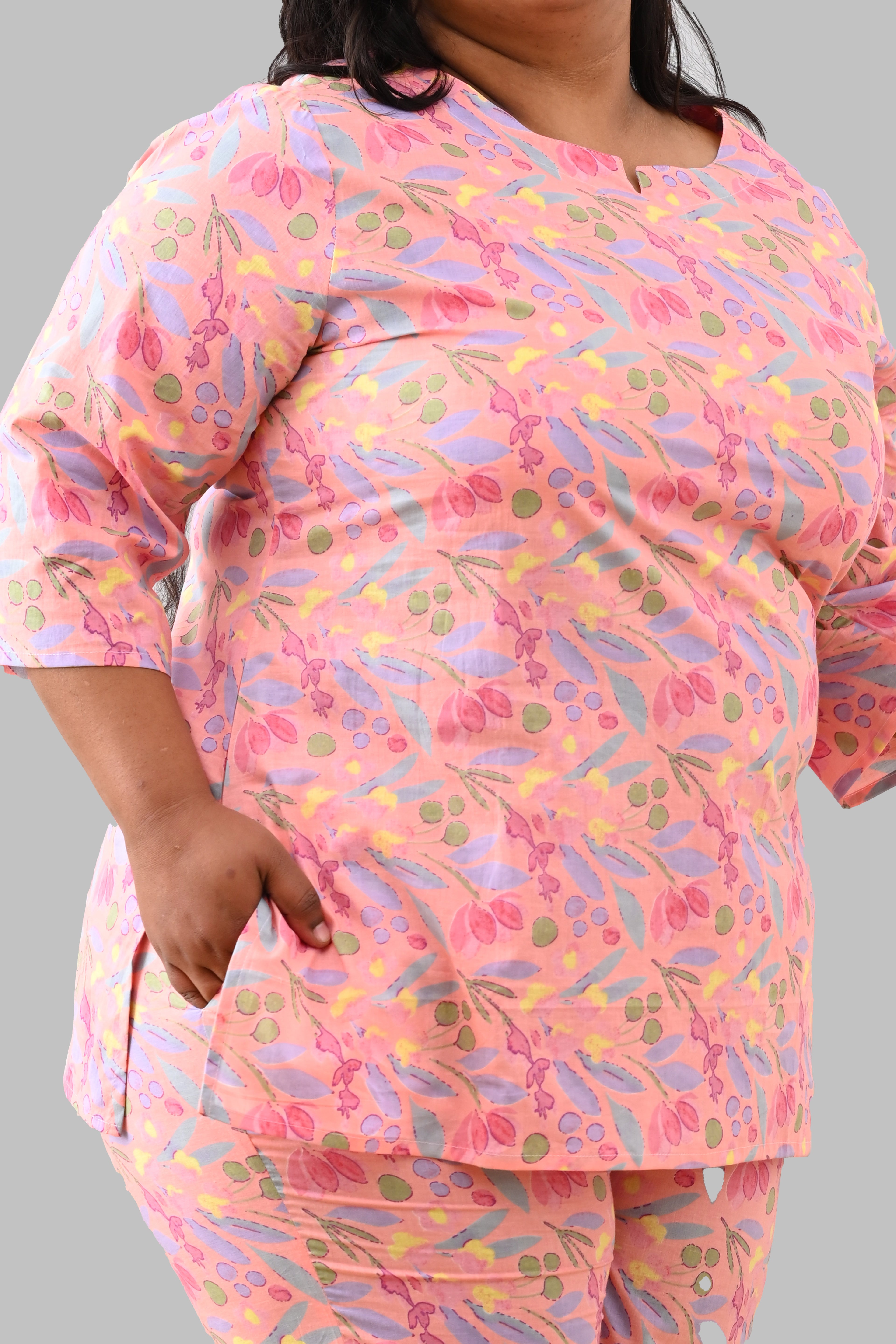Pastel Peach Plus Size Cotton Printed Pyjama Set