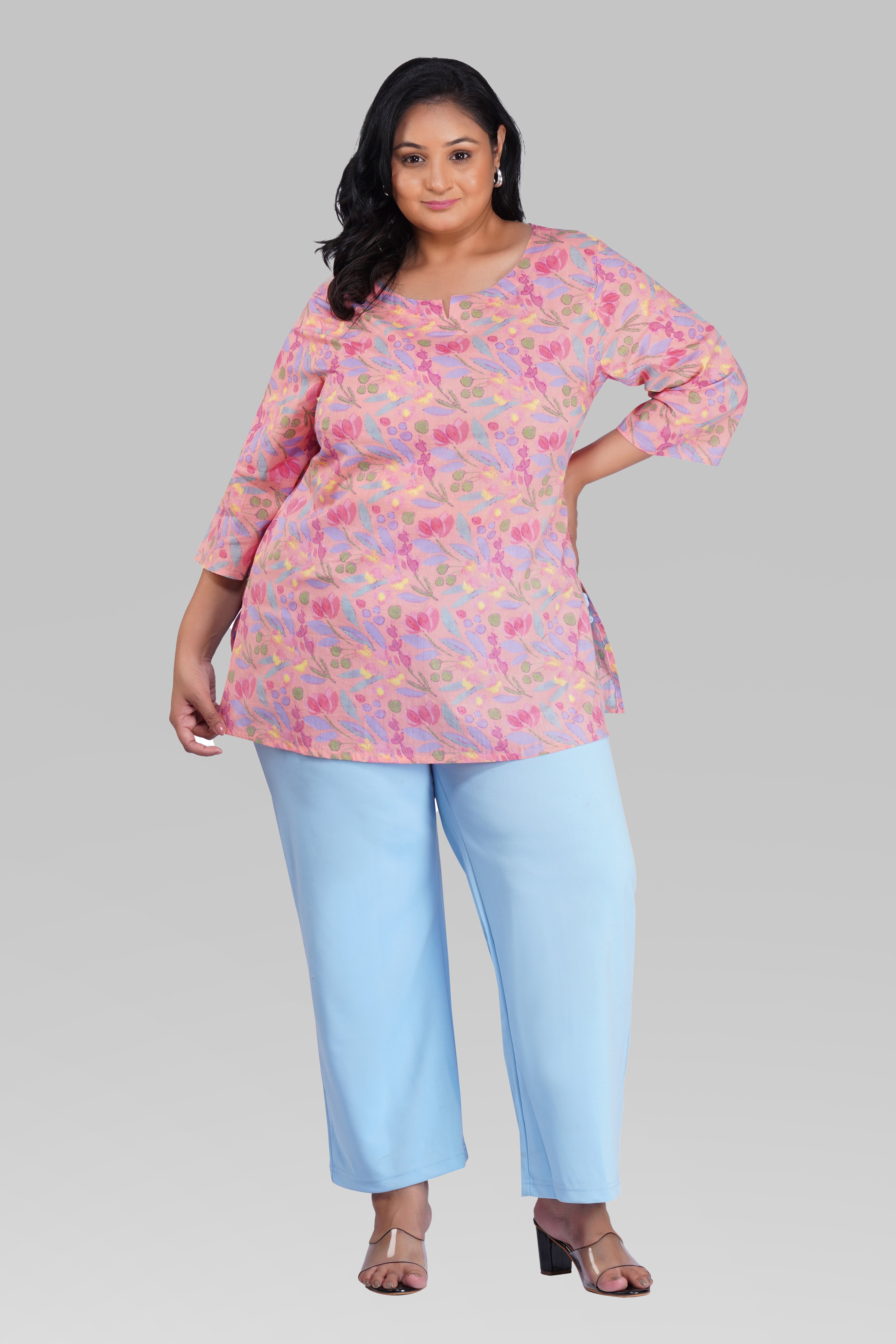Pastel Peach Plus Size Cotton Printed Kurti
