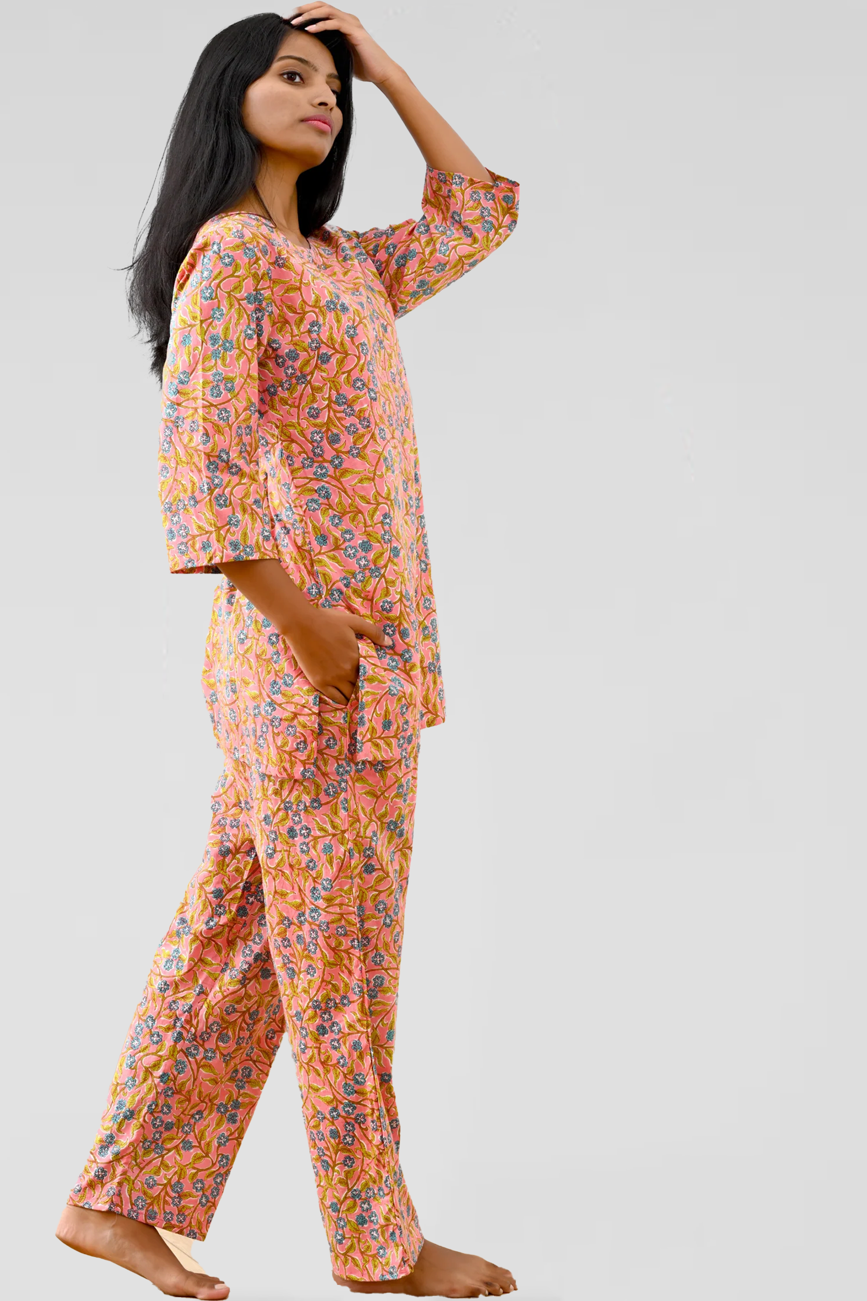 Peach Cotton Printed Pyjama Set