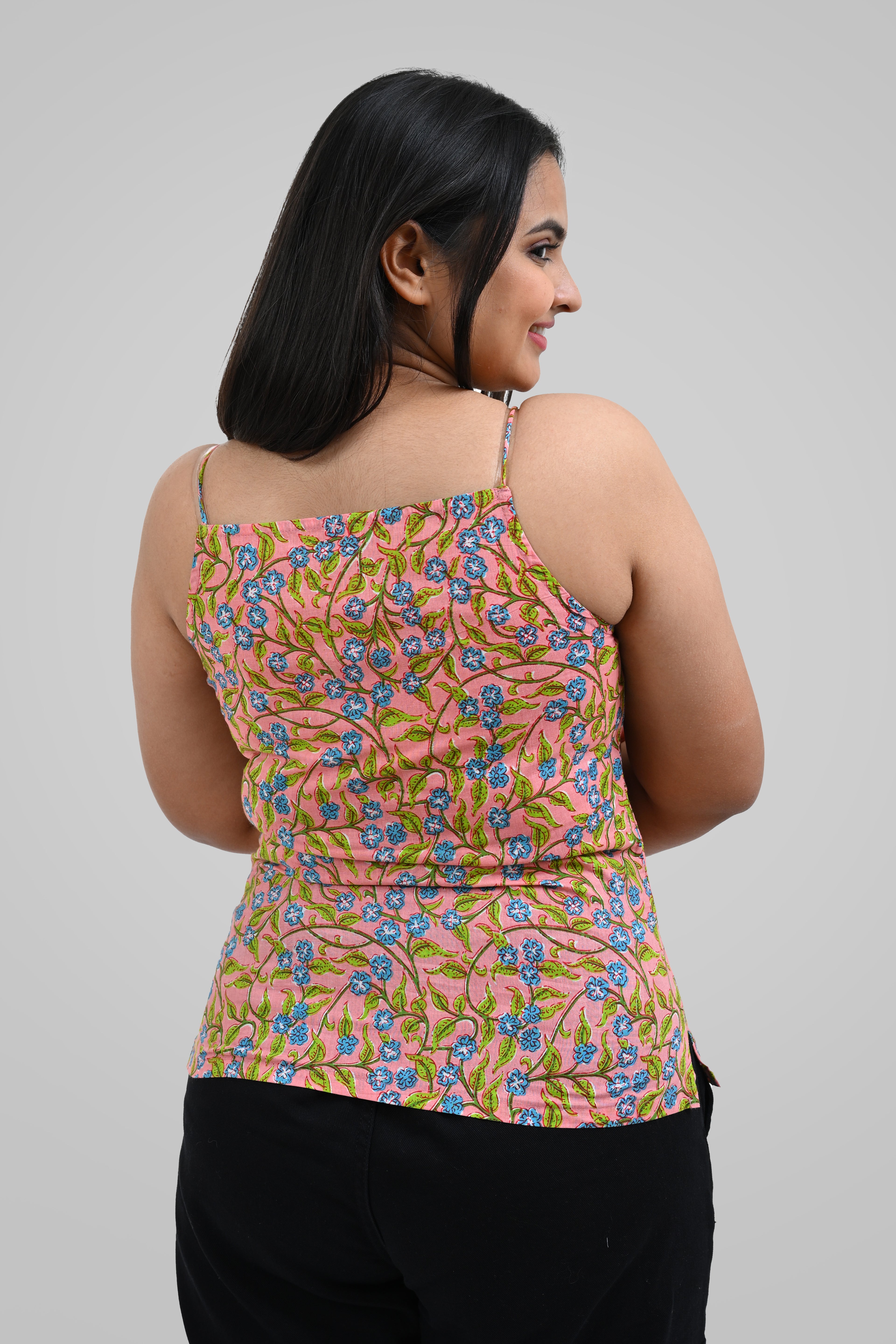Peach Floral Cotton Printed Strap Top