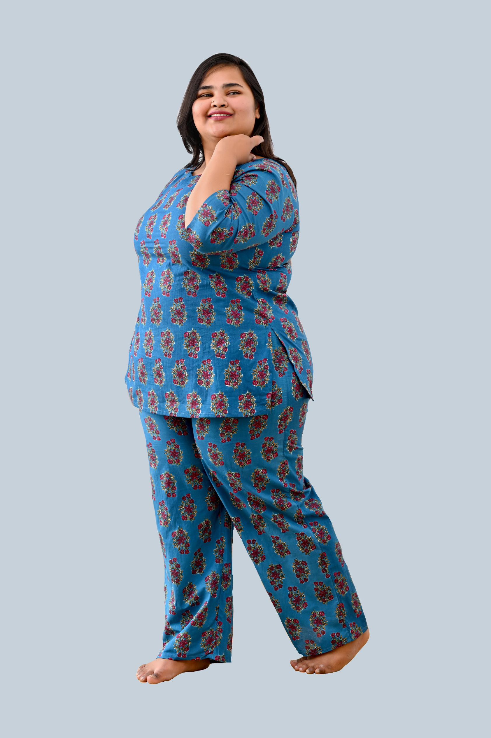 Peacock Blue Plus Size Cotton Printed Pyjama Set