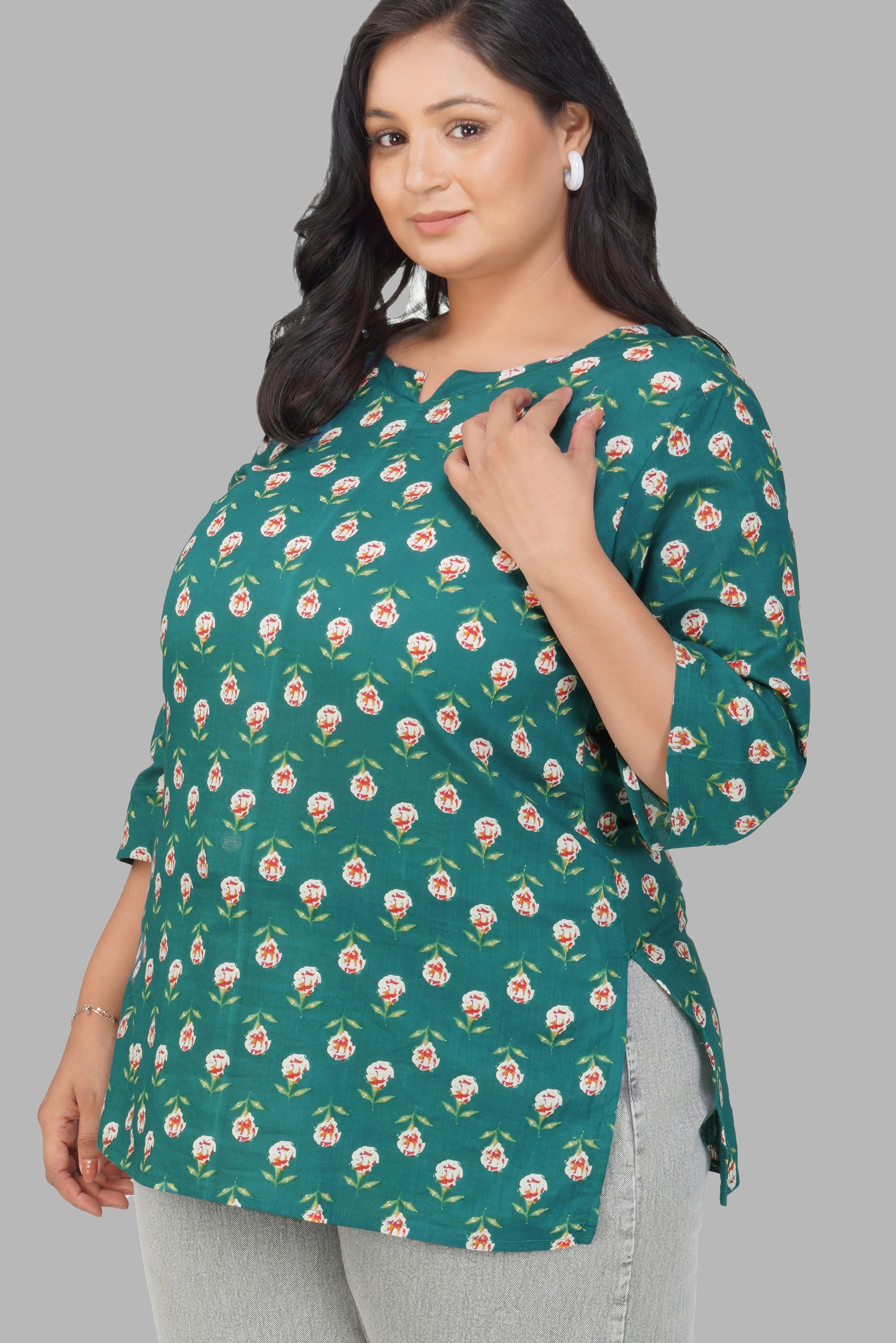 Pine Green Plus Size Cotton Printed Kurti
