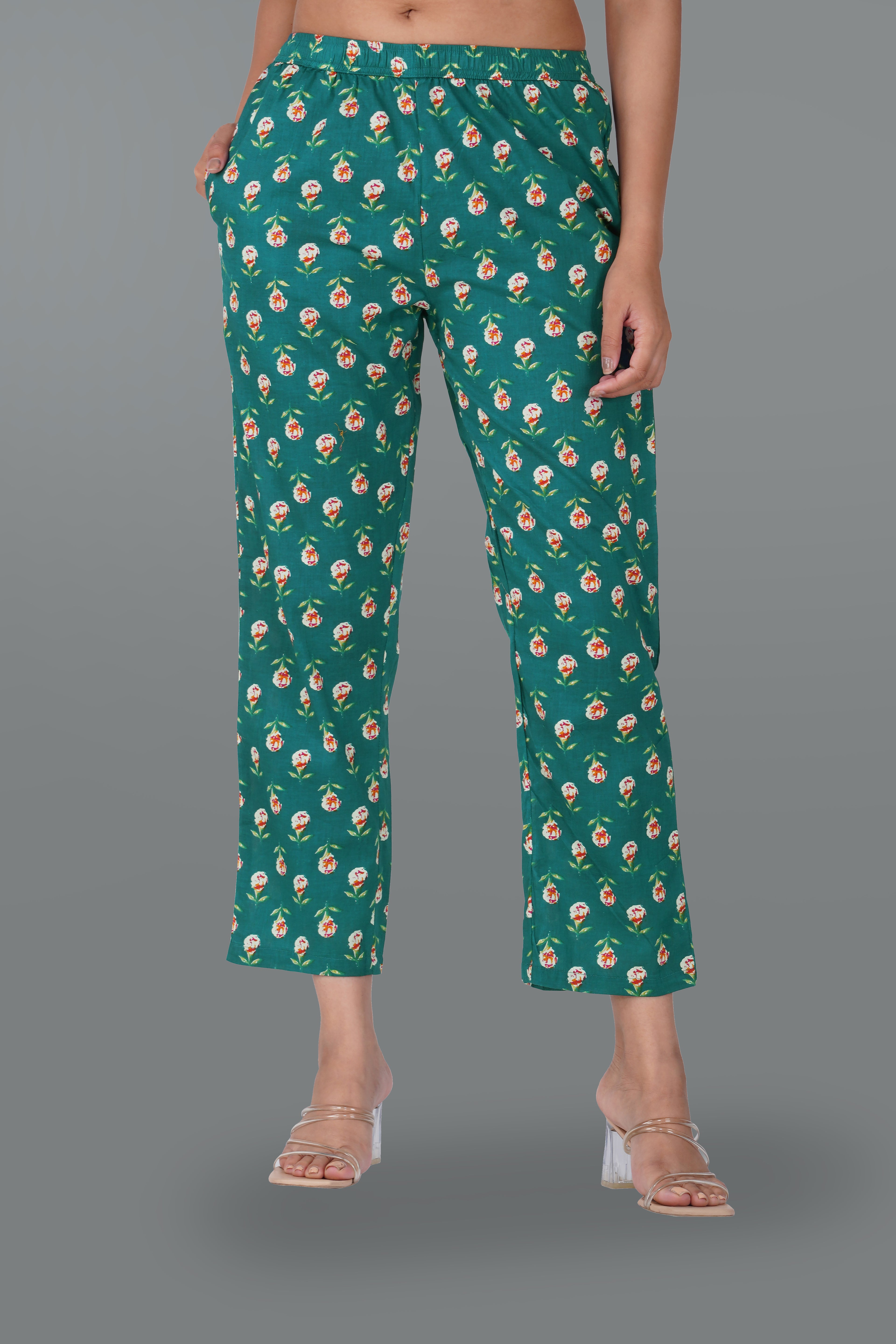 Pine Green Cotton Printed Bottom
