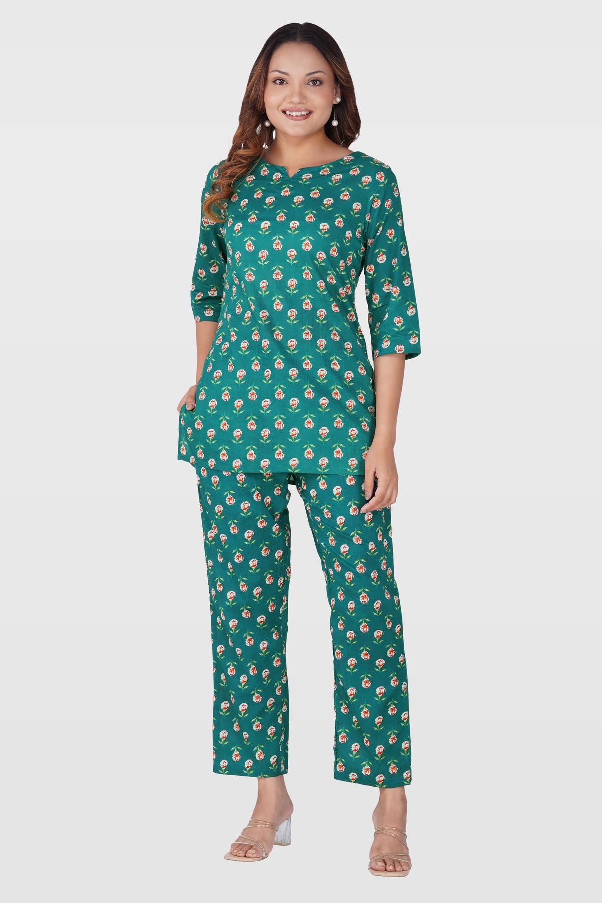 Pine Green Cotton Printed Pyjama Set