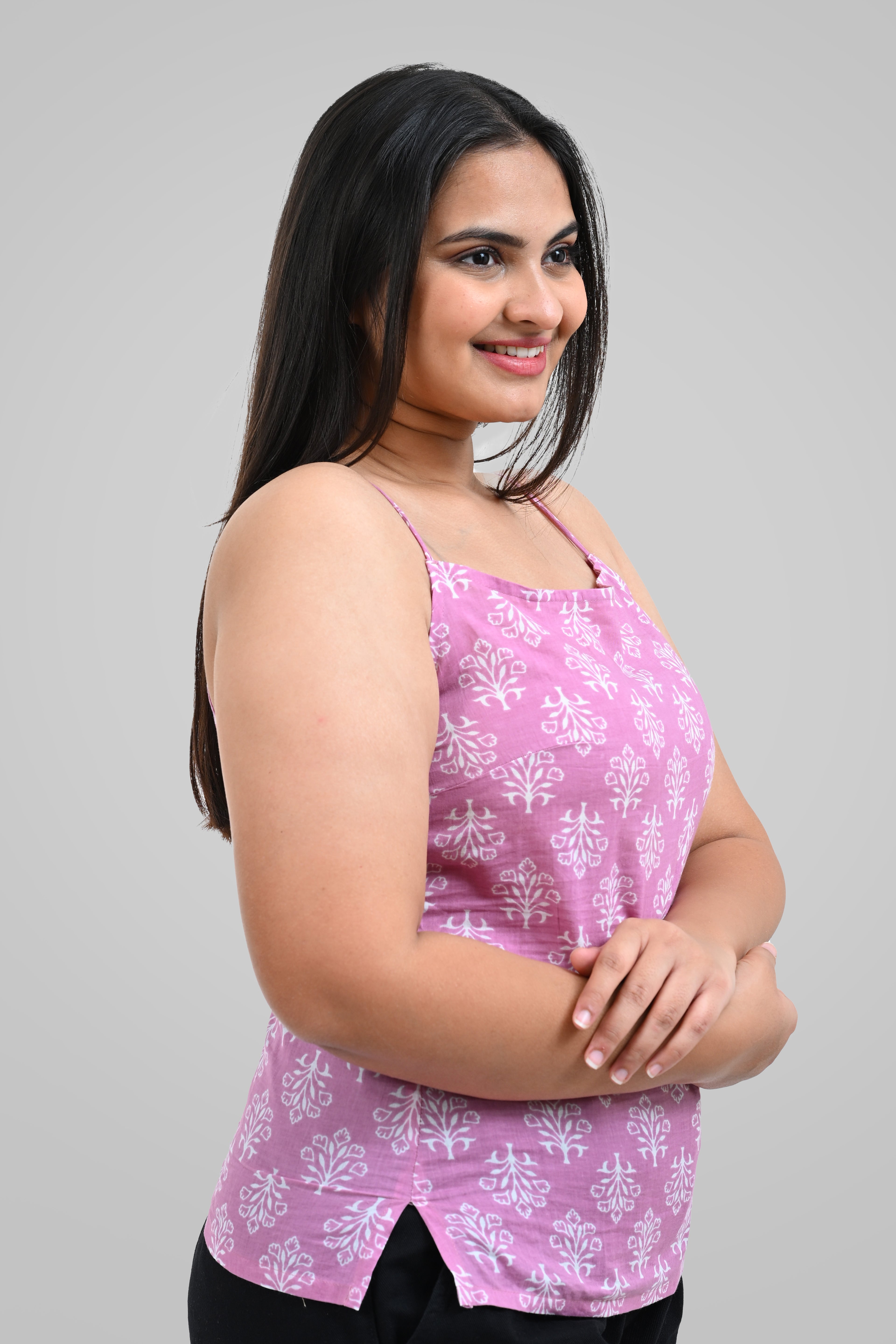 Pink Cotton Printed Strap Top