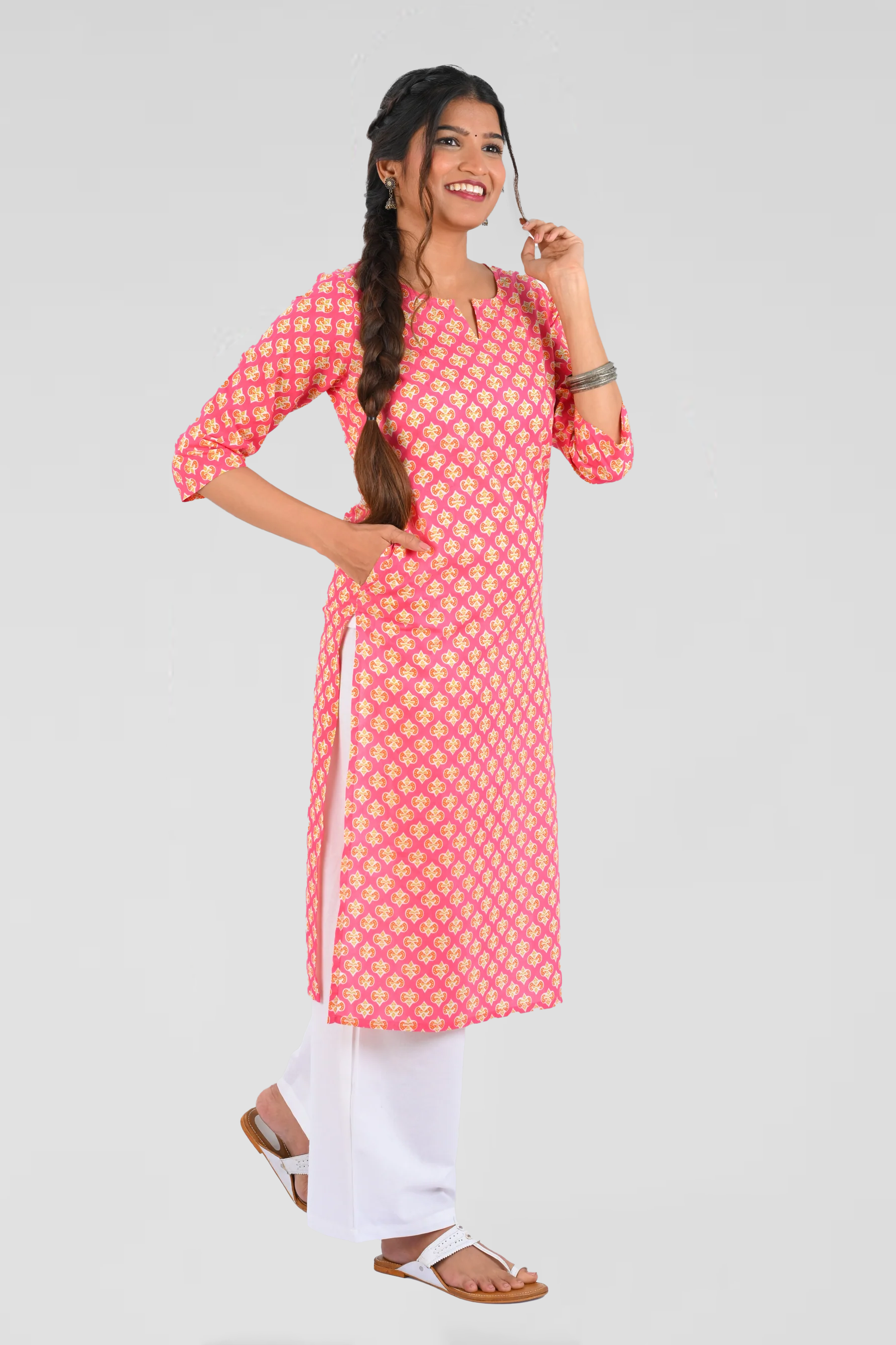 Pink Cotton Printed Long Kurta