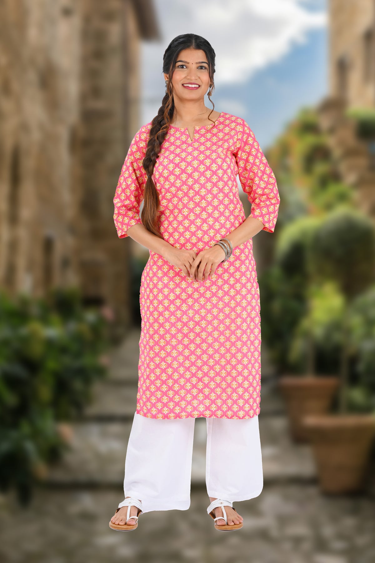 Pink Cotton Printed Long Kurta