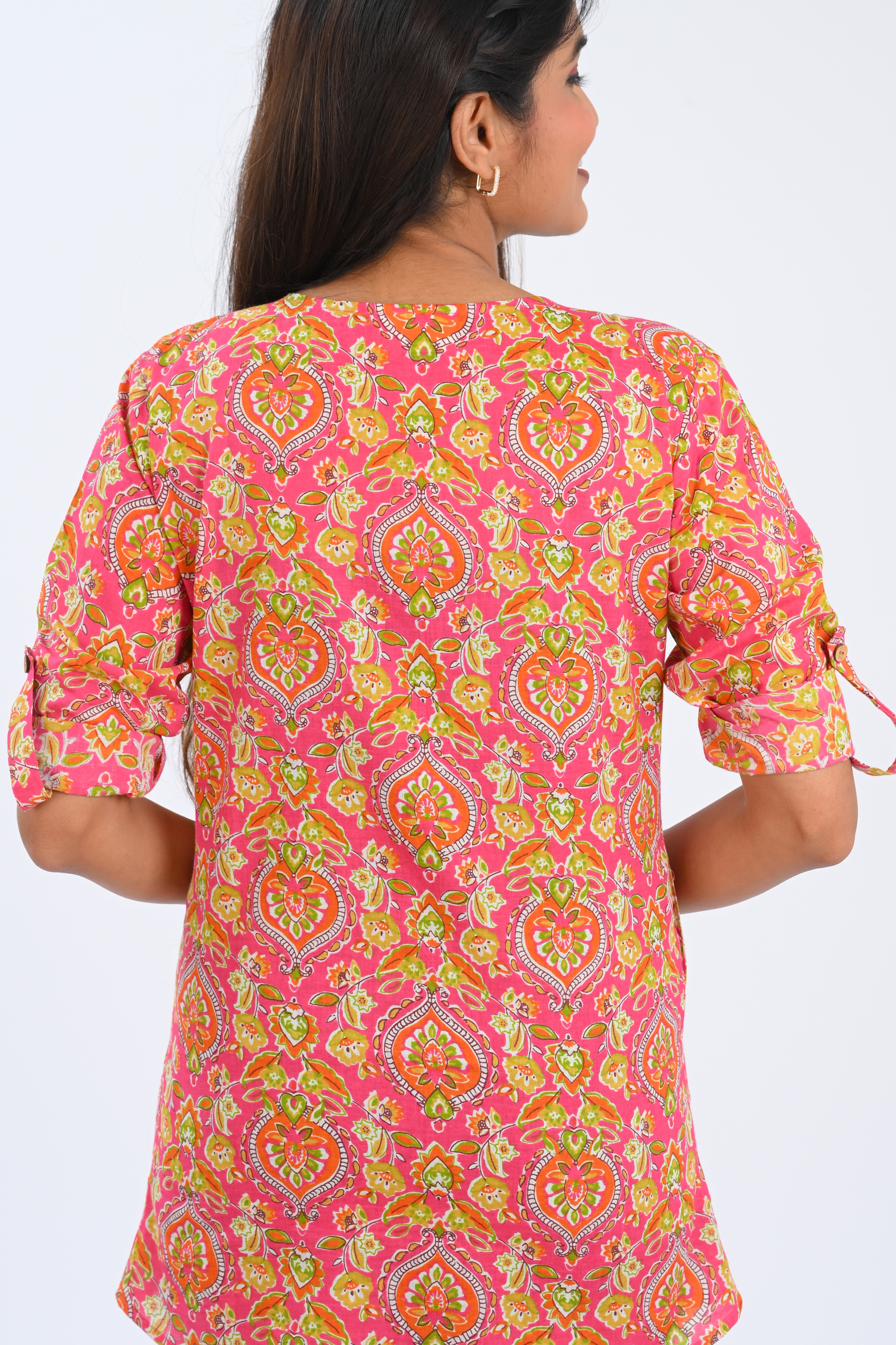 Pink Cotton Printed Short Kurti