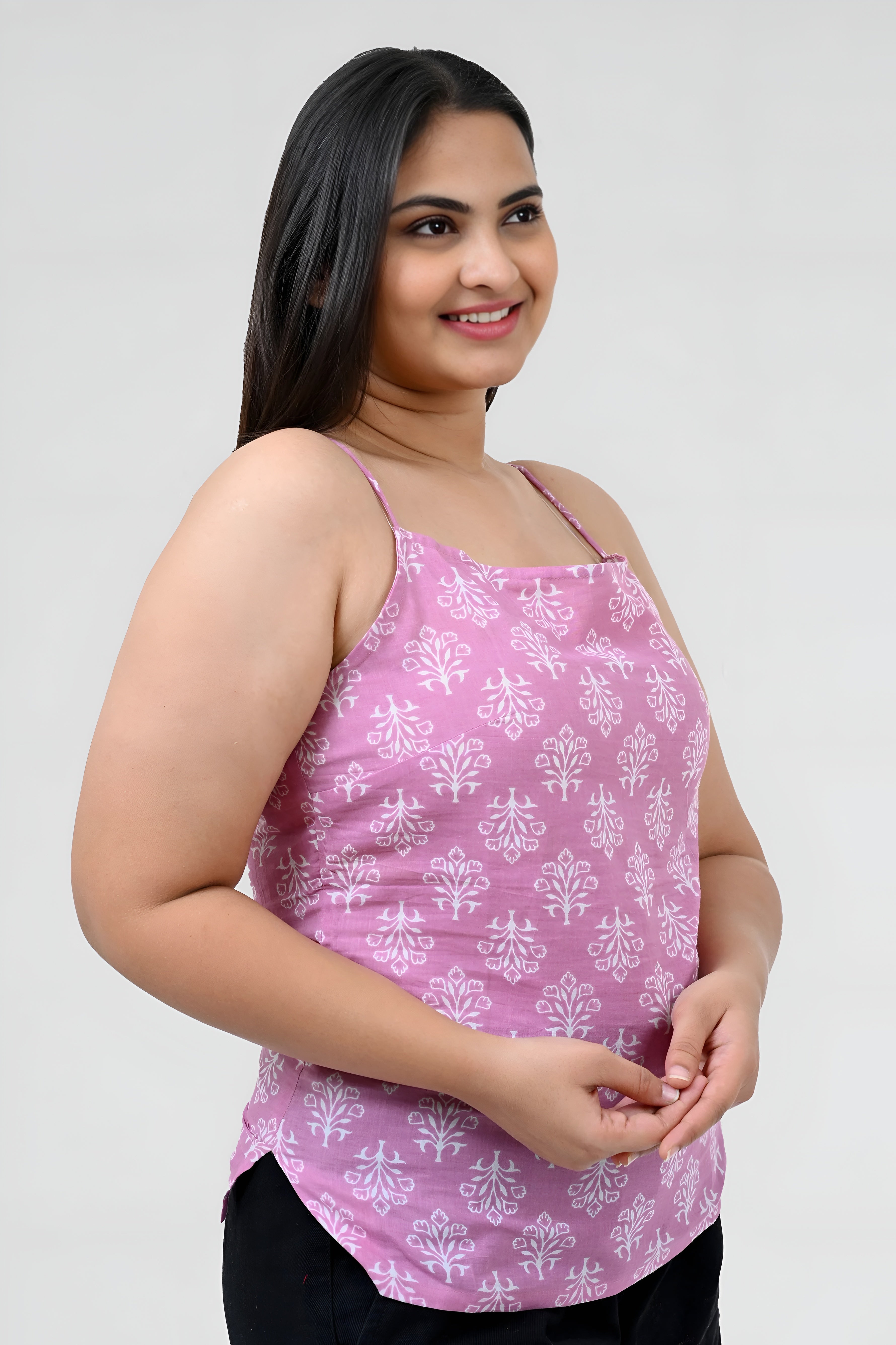 Pink Cotton Printed Strap Top