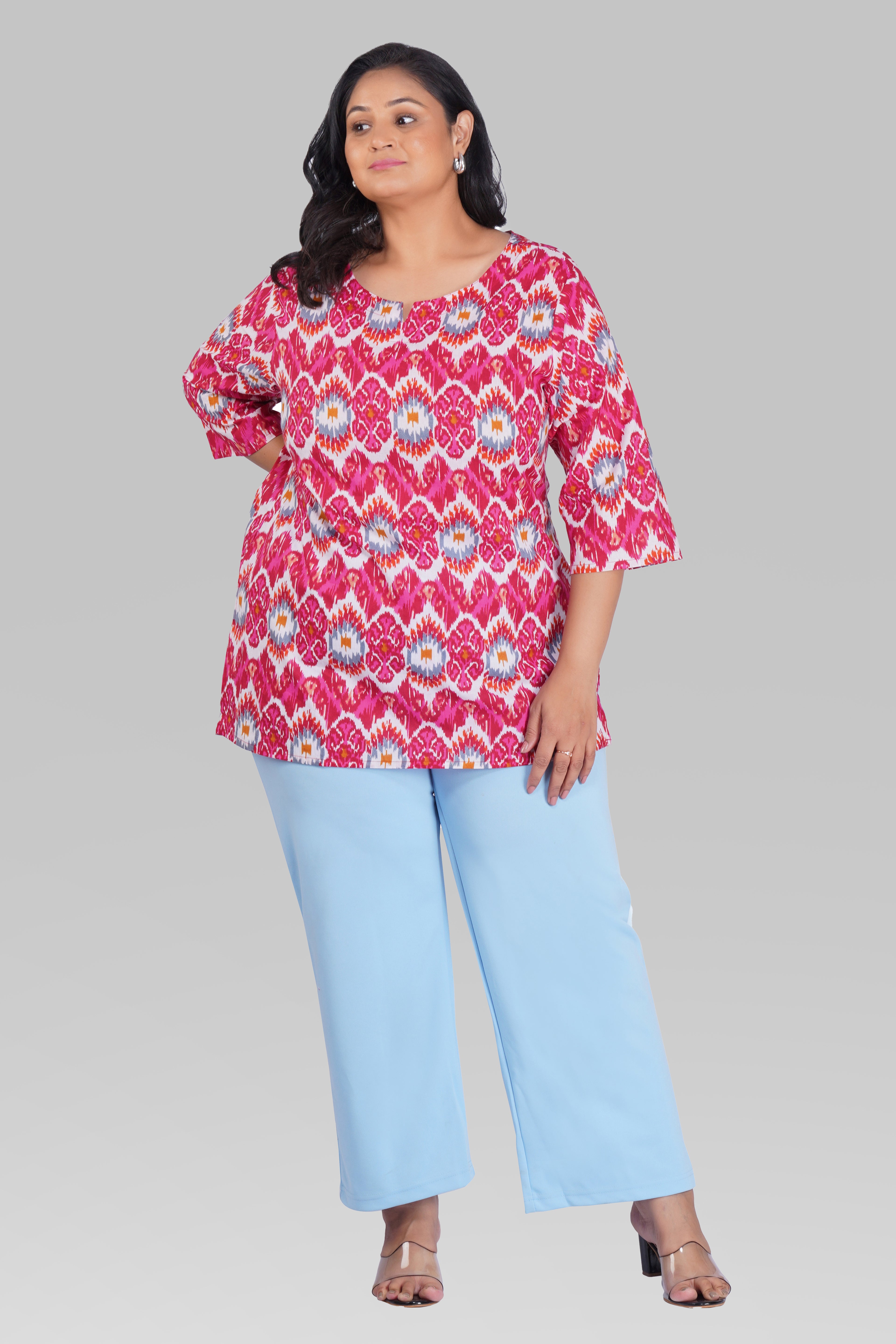 Pink Ikat Plus Size Cotton Printed Kurti