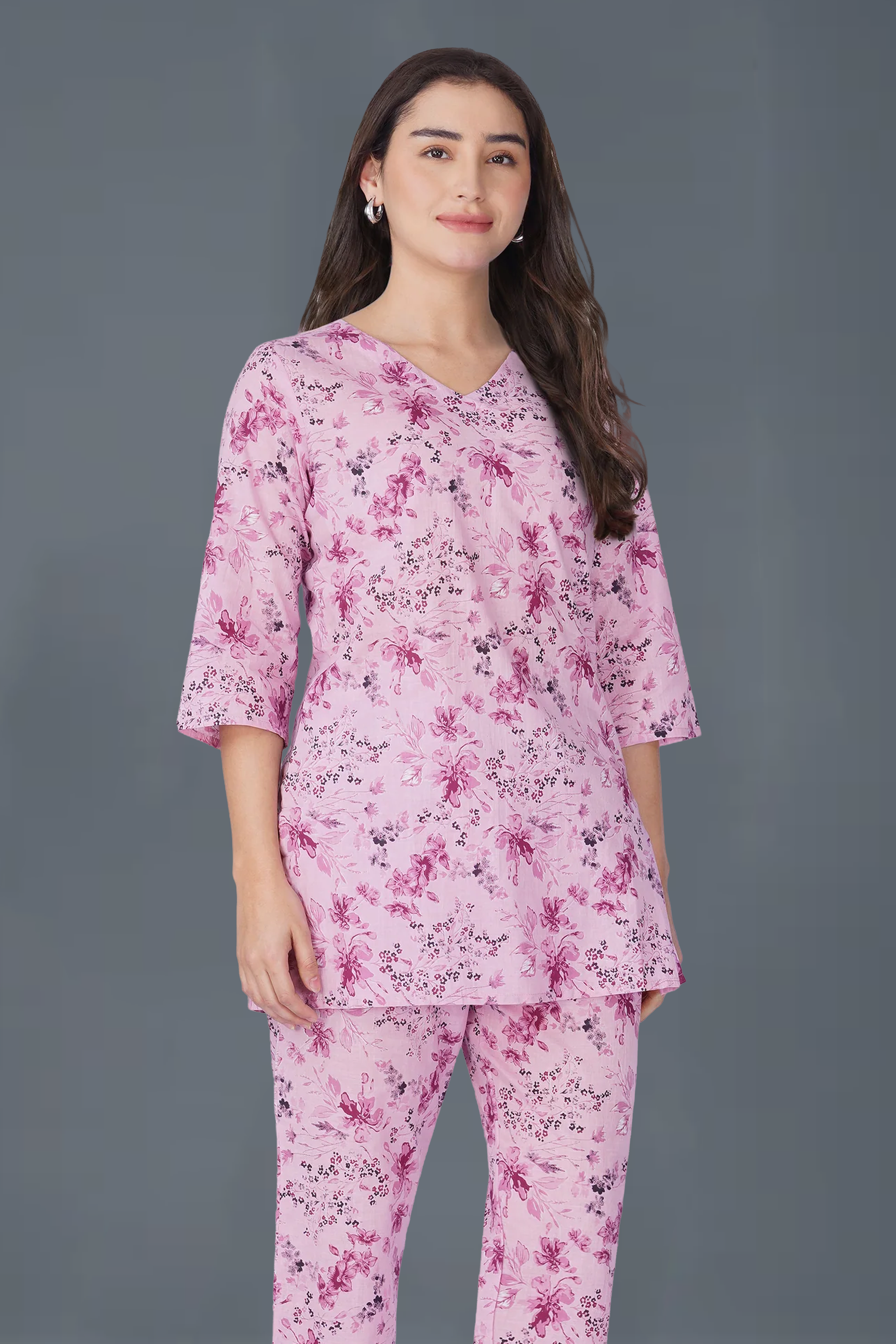 Pink Lavender V Neck Cotton Printed Pyjama Set
