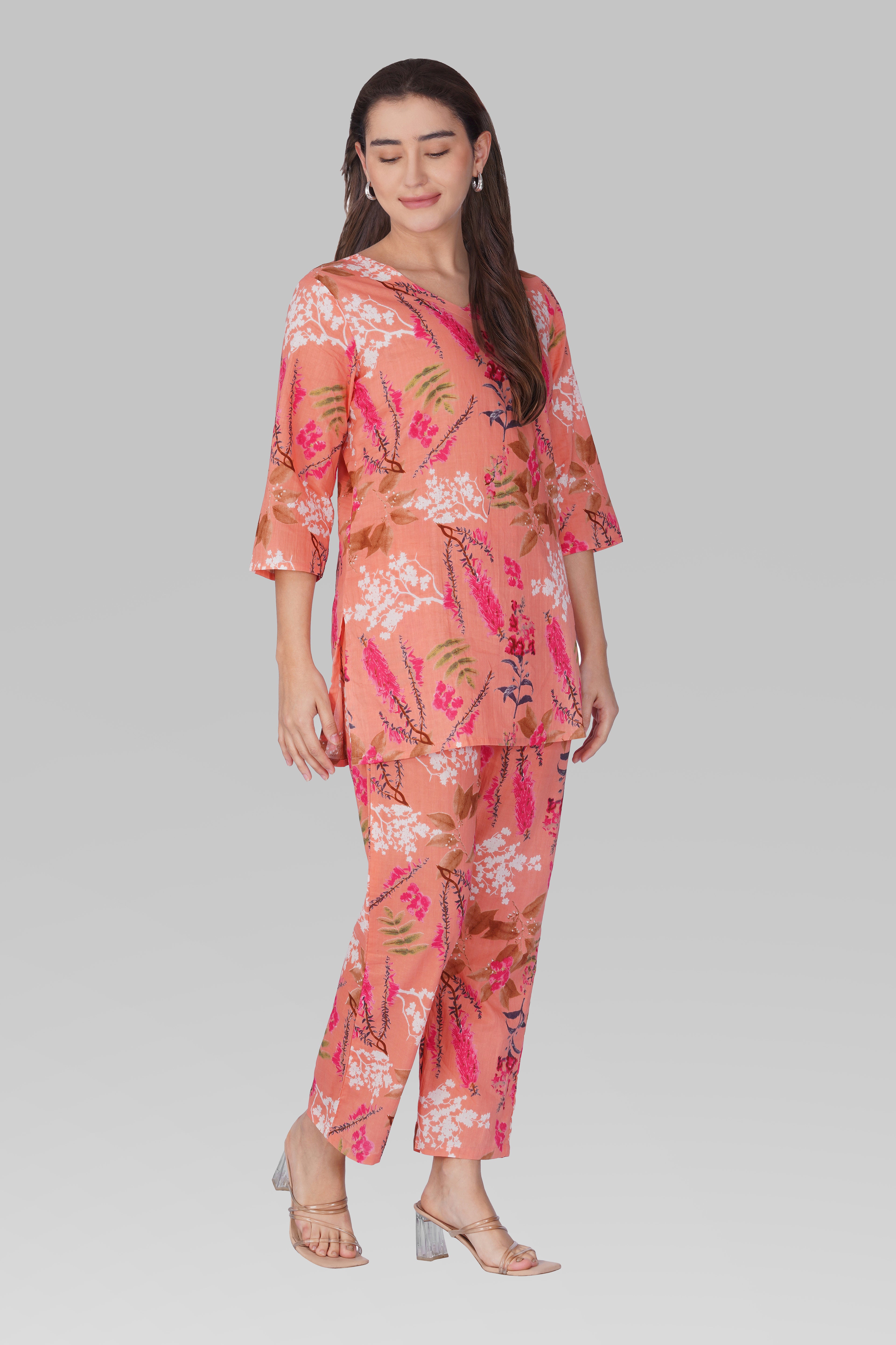 Pink Peach V Neck Cotton Printed Pyjama Set