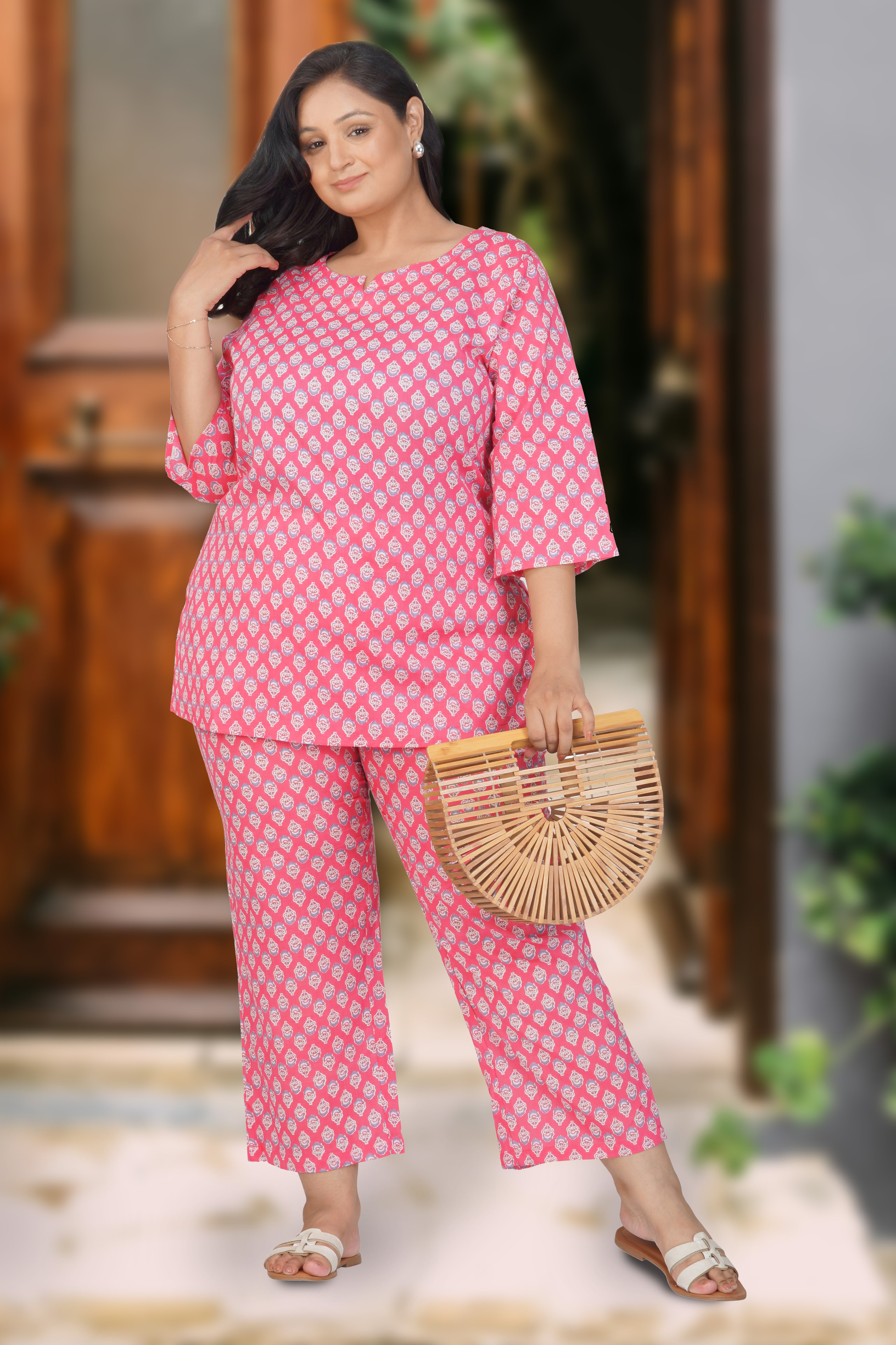 Pink Plus Size Cotton Printed Pyjama Set