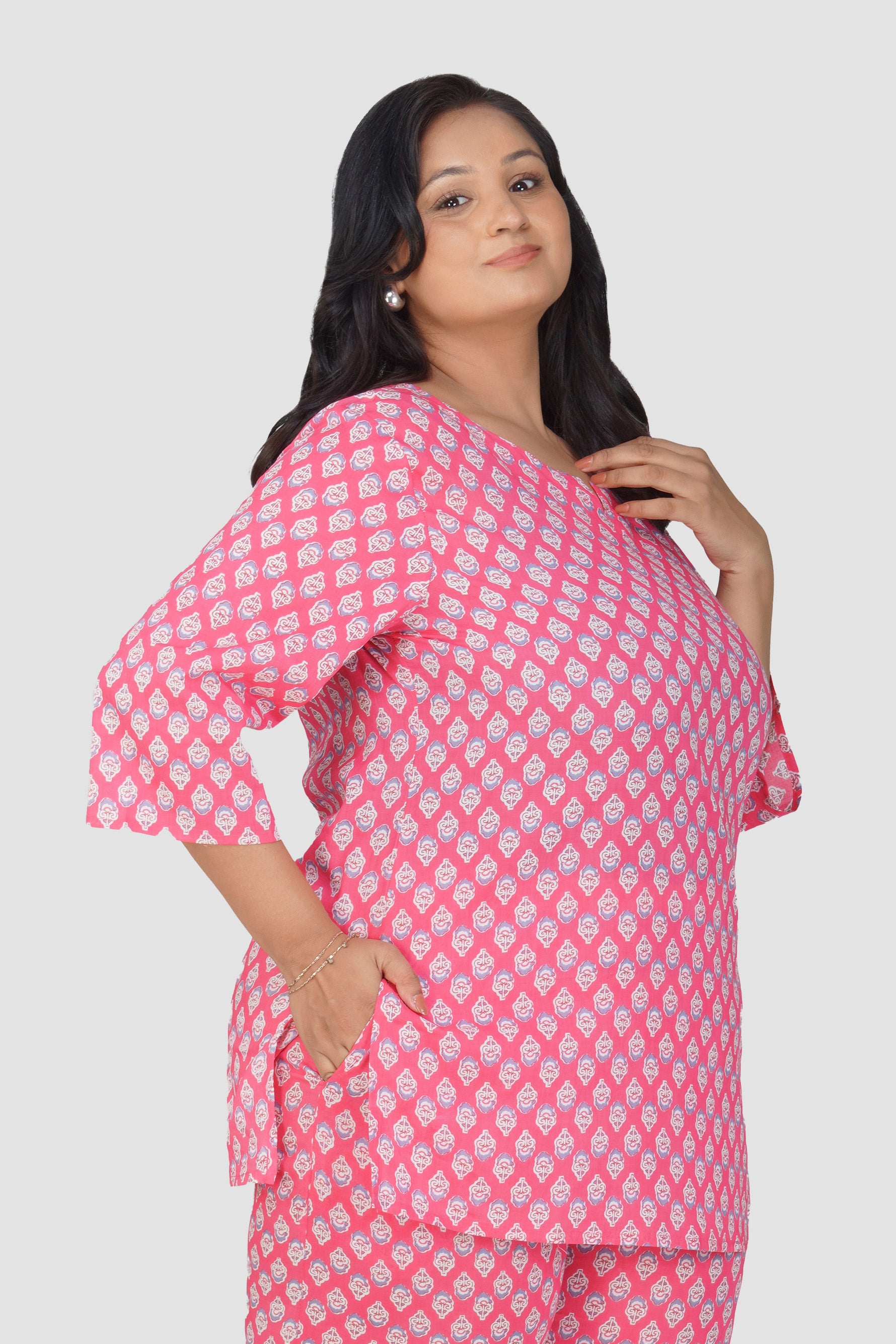 Pink Plus Size Cotton Printed Pyjama Set