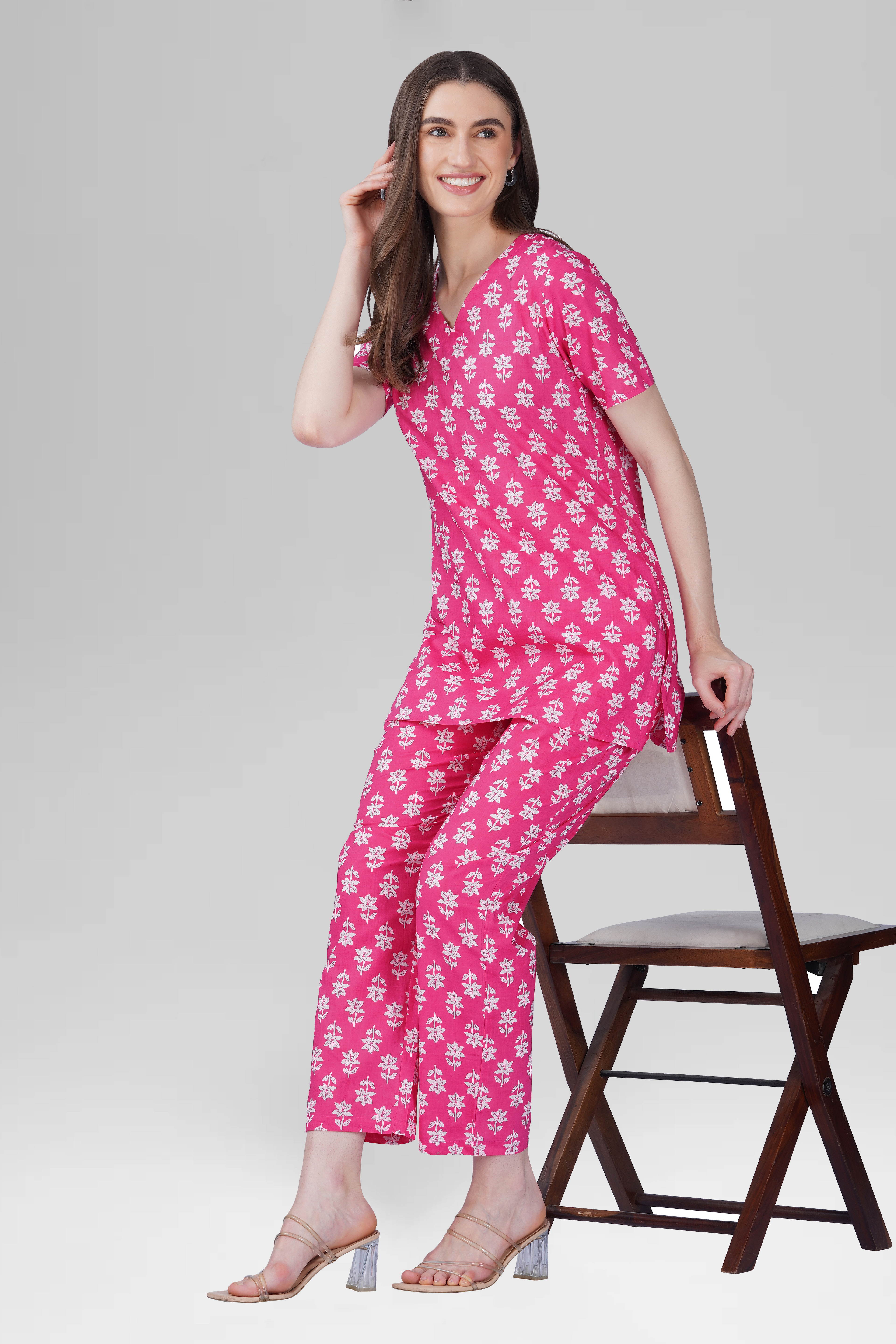 Pink V Neck Cotton Printed PyjamaSet