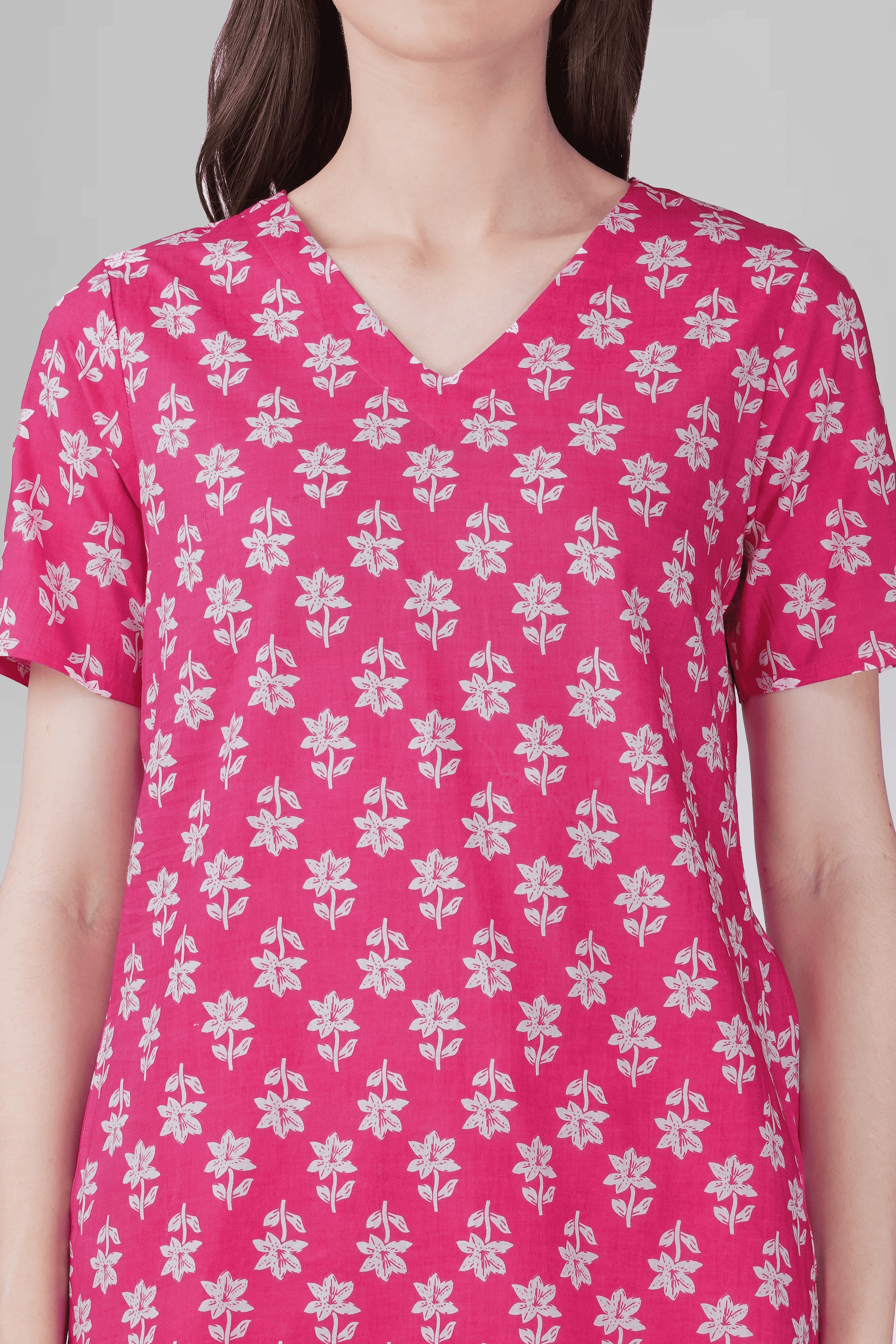 Pink V Neck Cotton Printed PyjamaSet
