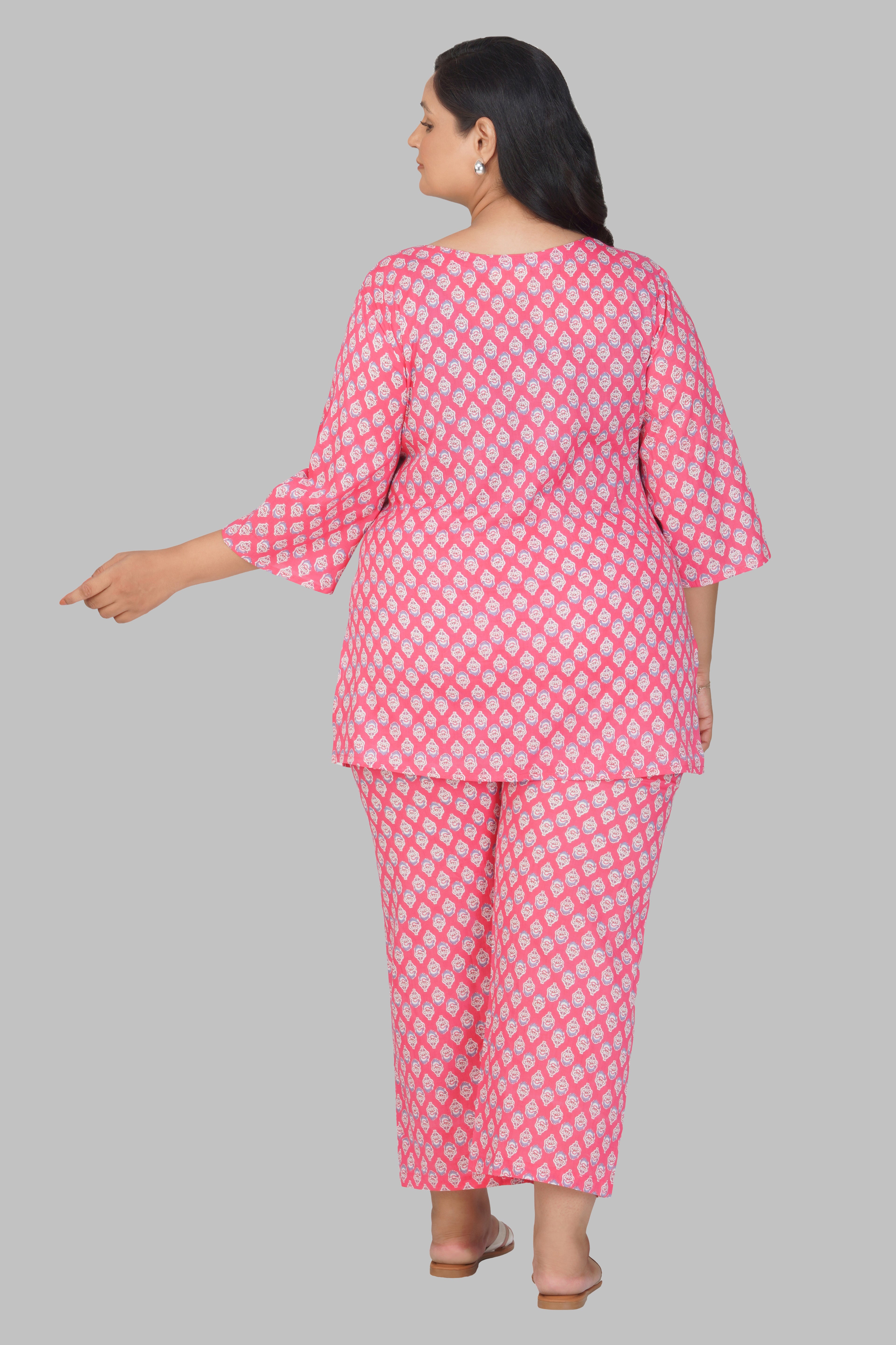 Pink Plus Size Cotton Printed Pyjama Set