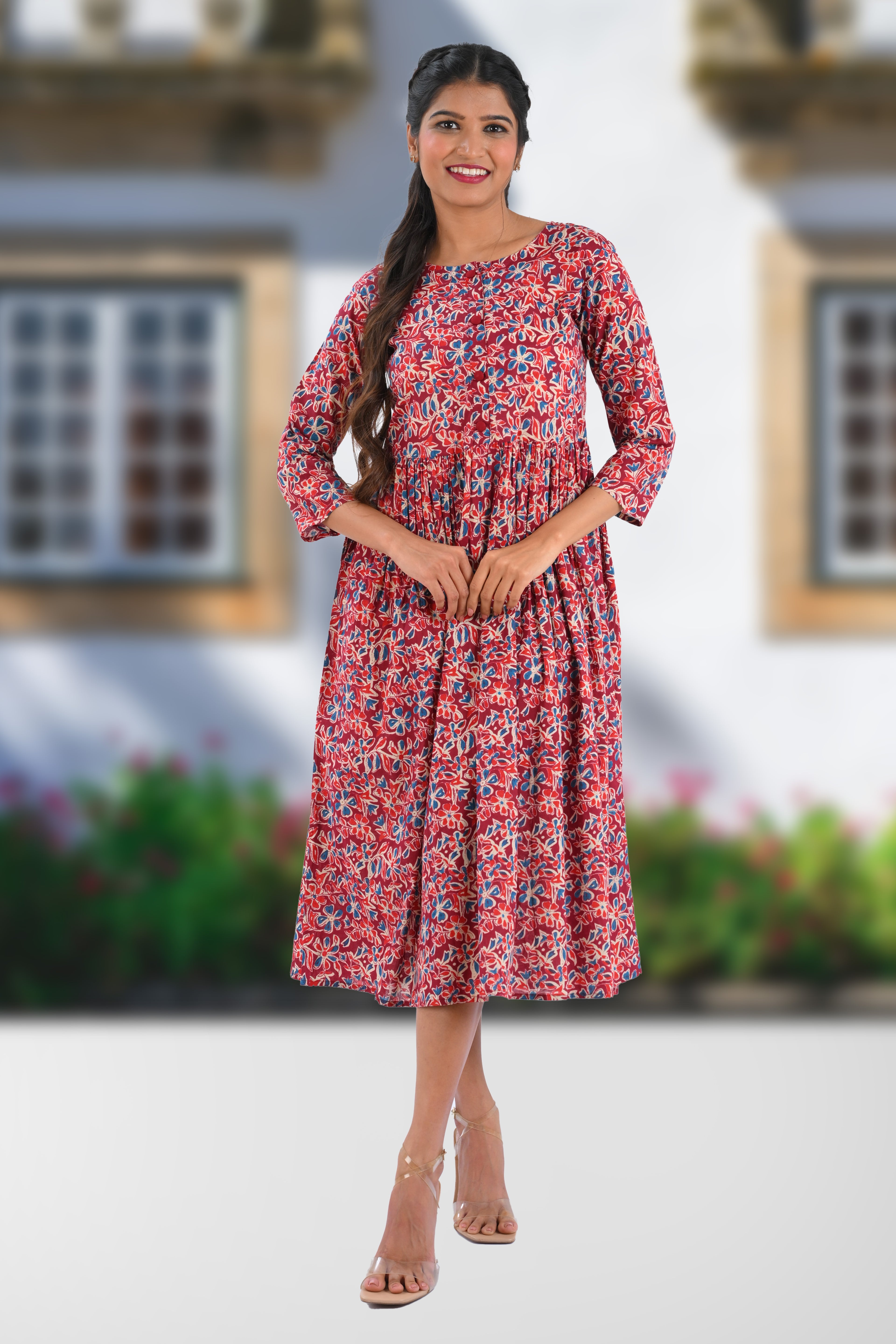 Pomegranate Red Cotton Printed Midi Dress